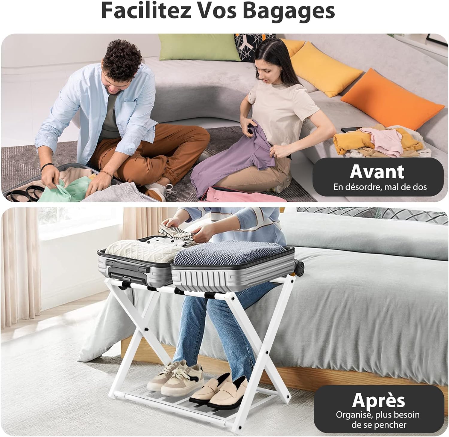 GOPLUS Support de Bagage Pliant en Métal avec 4 Sangles Durables pour Déposer Sacs de Voyages Valises Bagages Chaussures, pour Hôtels, Chambres, Auberges, Gîtes, Capacité de Charge 60KG (2, Blanc)