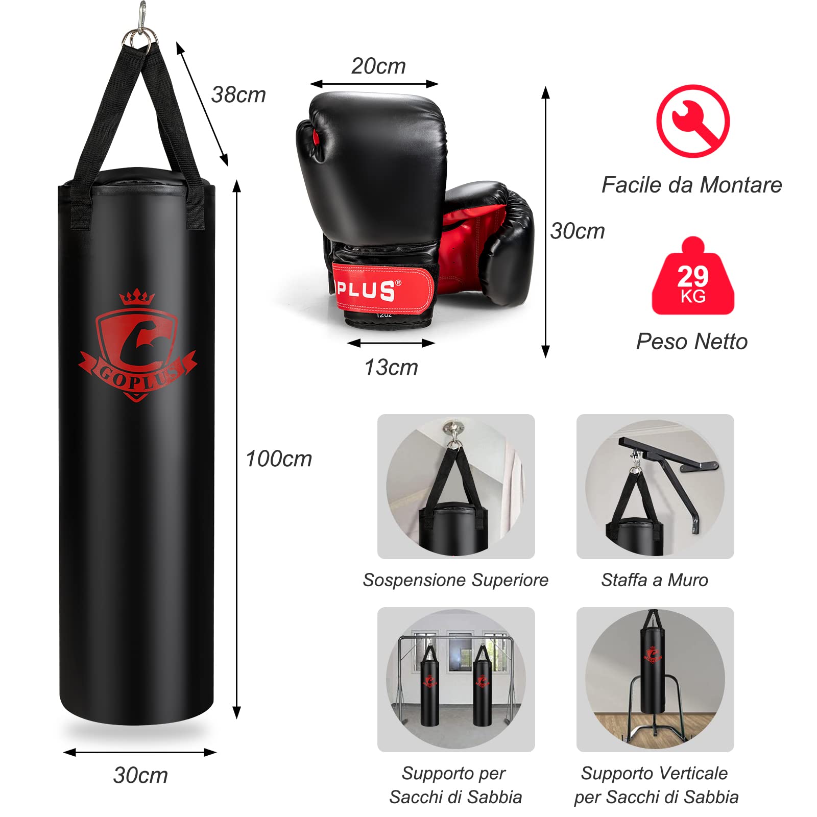 COSTWAY Sacco da Boxe per Adulti 29 kg | Sacco da Boxe Appeso con Guanti, Gancio e Fasce per Mani, Ideale per Muay Thai, Karate e Taekwondo