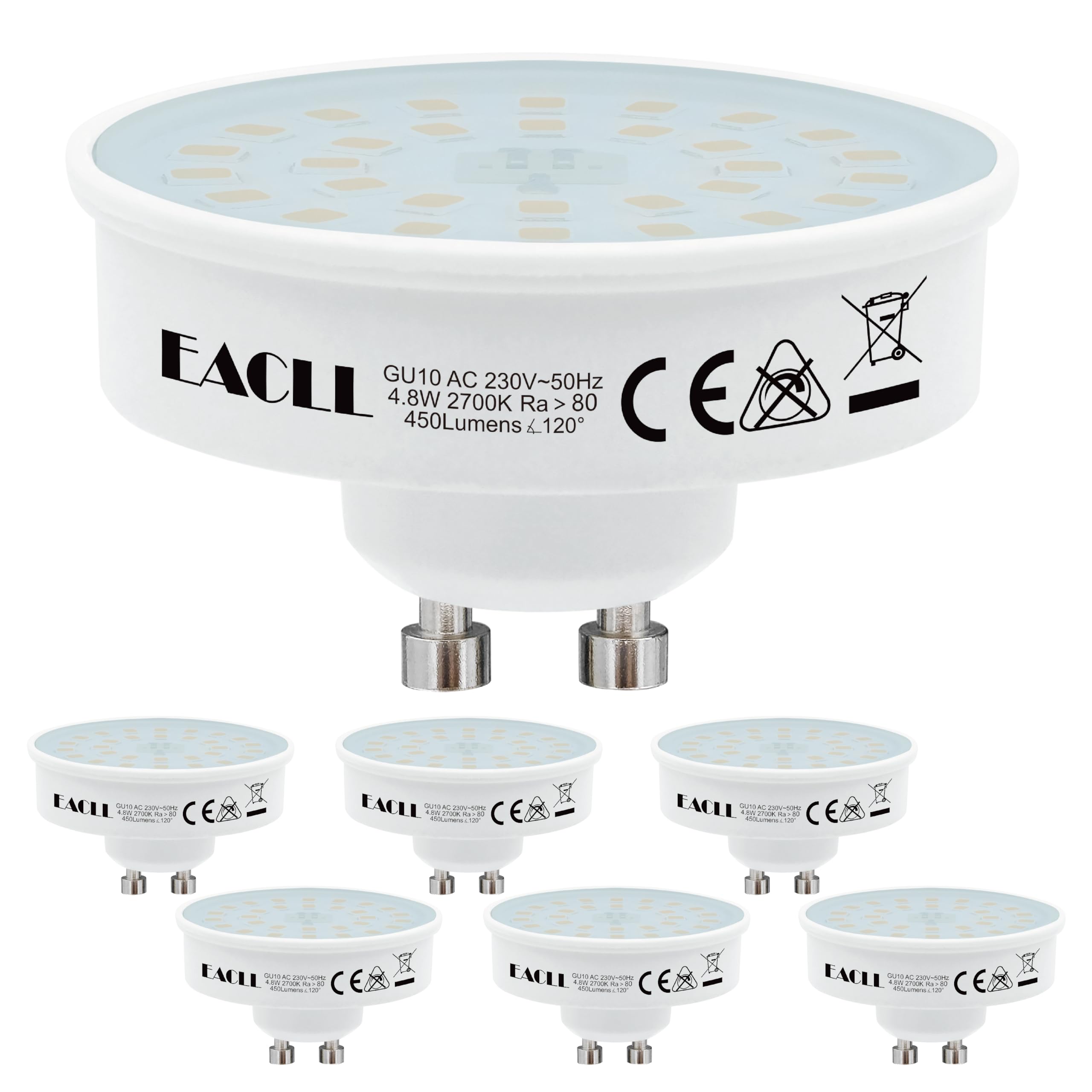 EACLL Ultraflacher GU10 LED Lampe Warmweiss 4.8W Ersetzt 65W Halogen Leuchtmittel, 6er-Pack. 450lm 2700K Birnen, Ø50xH30mm für Einbaustrahler, AC 230V Flimmerfrei, Abstrahlwinkel 120°, Nicht Dimmbar