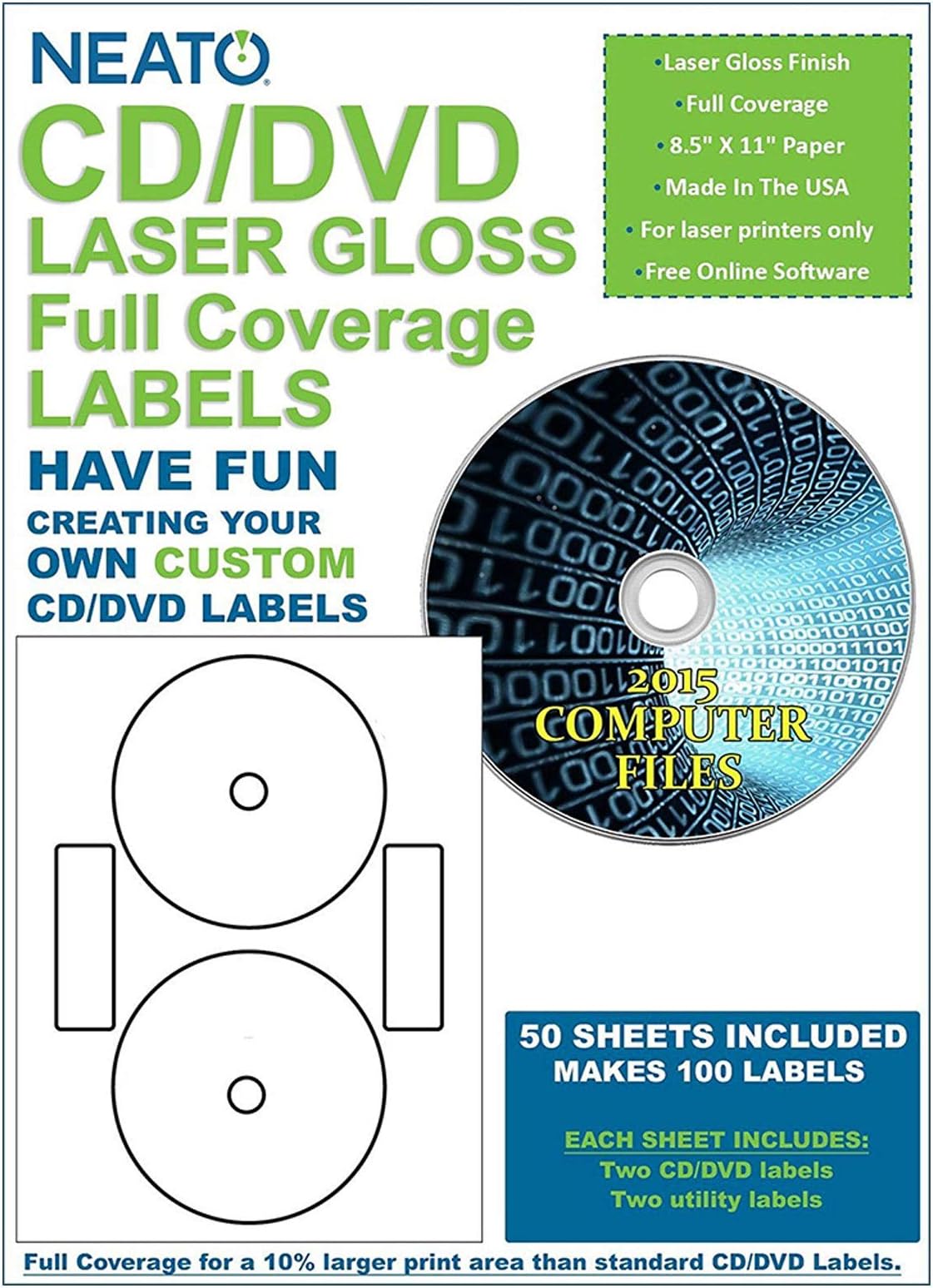 Neato CD/DVD Laser Gloss Full Coverage Labels – 50 Sheets – Makes 100 Labels - Online Design Label Studio Included - Adhesive Made Specifically for CDs & DVDs
