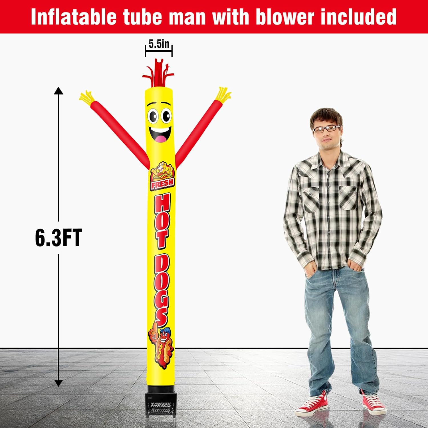 6FT Fresh Hot Dog Inflatable Tube Man with Weather-Resistant Blower (5.5'' Diameter) and Built-in LED - Wacky Waving Dancing Guy for Business Advertising Promotion