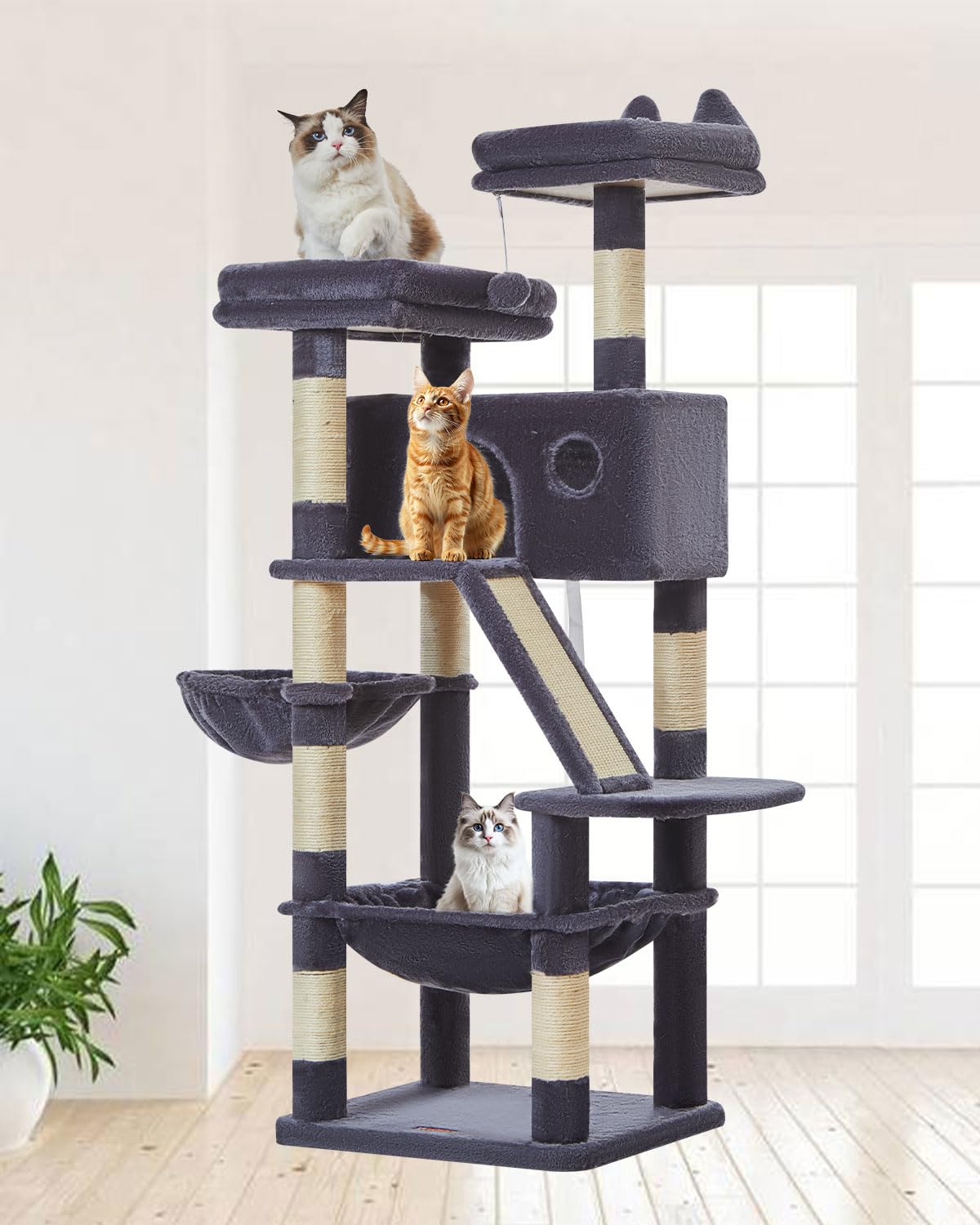 Taoqimiao 146CM Kratzbaum Groß, Katzenbaum Katzen Kratzbaum Grosse Katzen Stabil mit 2 Katzenhaus, Metallhängematte, Korb, 8 Kratzsäulen, Katzenkratztafel, MS026G Dunkelgrau