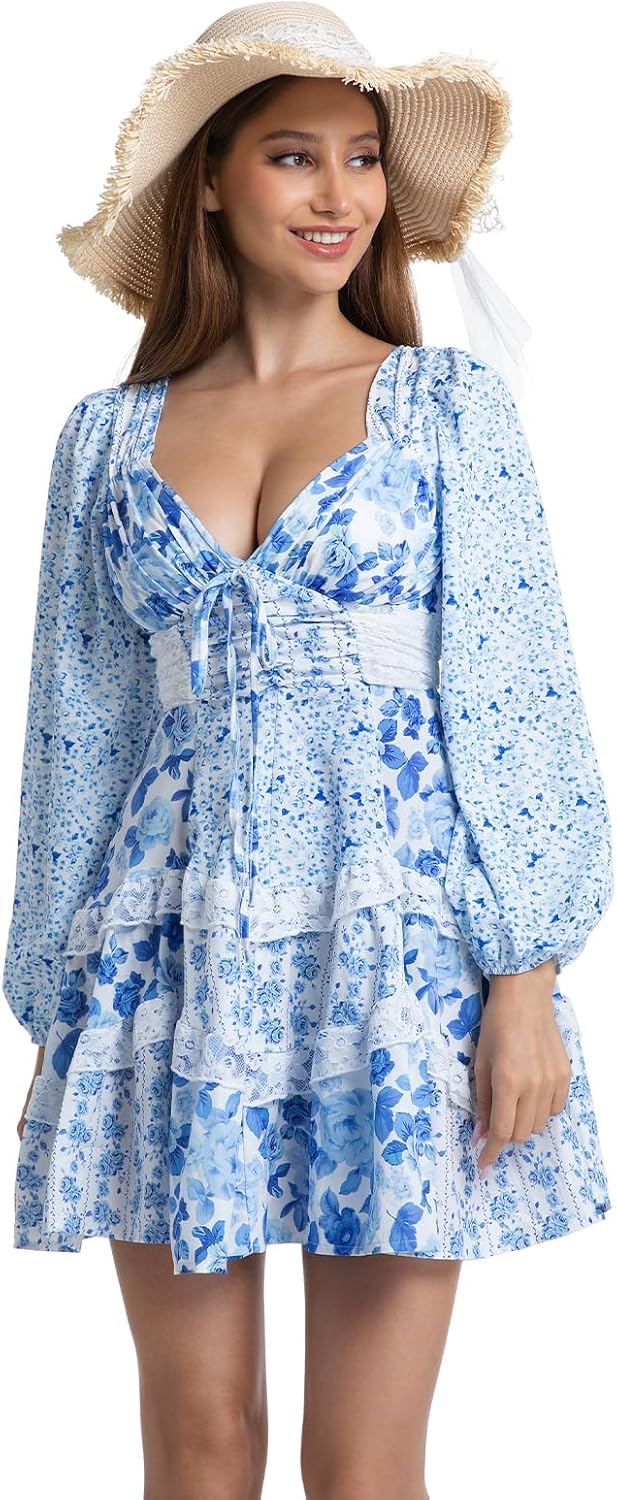 hibshaby Women's Floral Patchwork Mini Dress 2025 Fall Long Sleeve V Neck Lace Layered Short Desses - Image 4