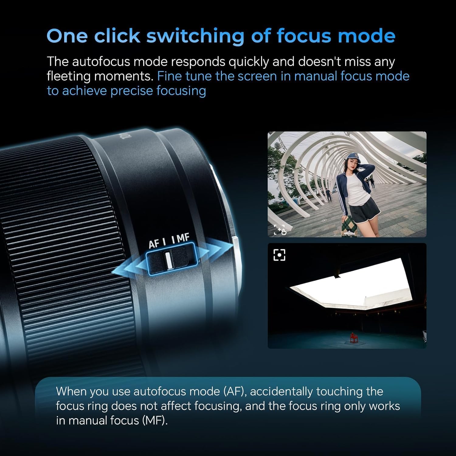 Close-up of the 7artisans AF 10mm F2.8 lens showing the AF/MF switch.