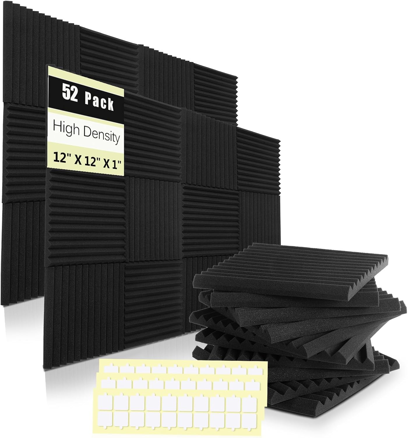 52 Pack Acoustic Panels 1 X 12 X 12 Inches - Studio Foam Wedges High Density Panel Soundproof Foam for Walls - Home Office 1" X 12" X 12" 52 Black(with Adhesive)