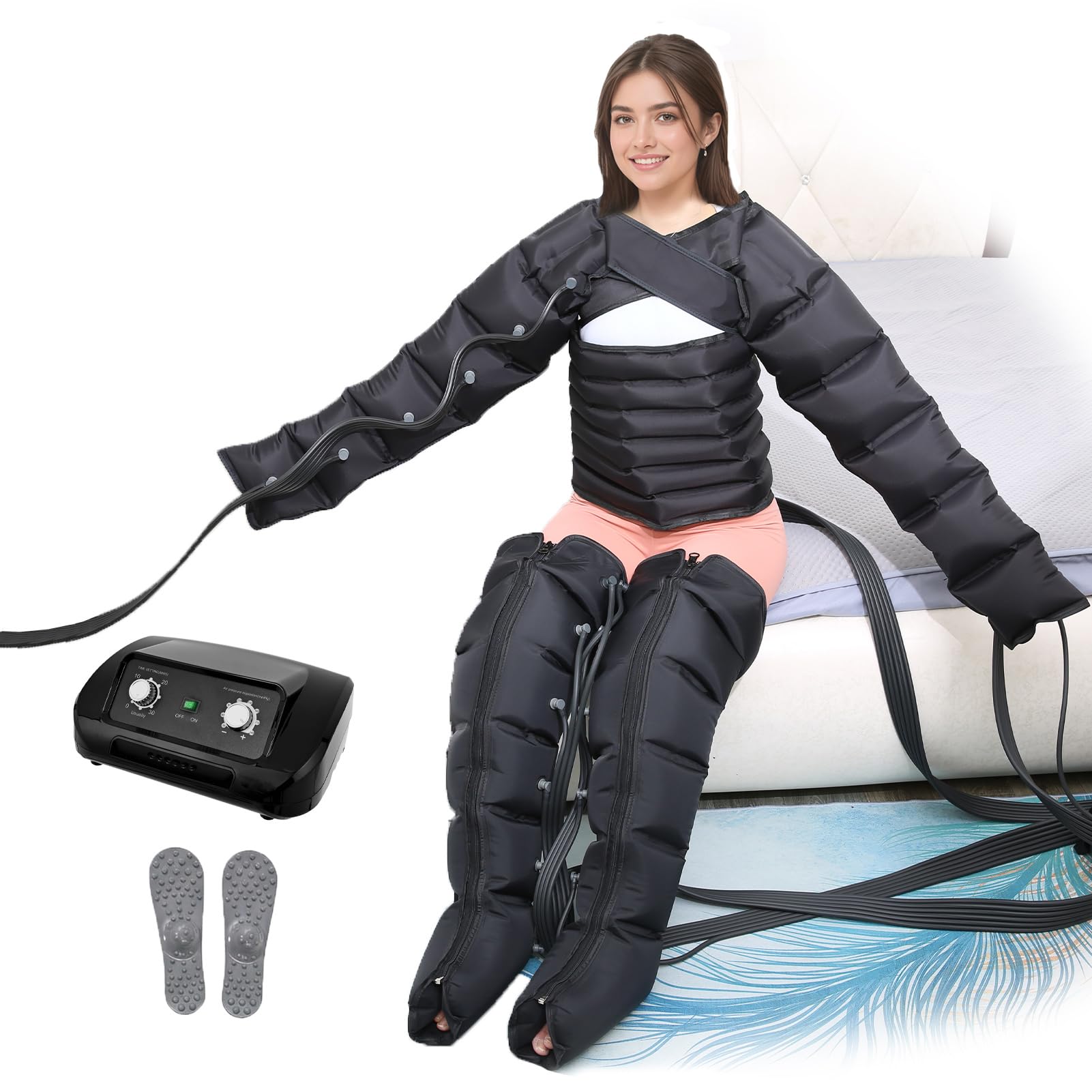 Lymphdrainage Gerät Bauch und Beine Bei Lipödem︱Beinmassagegerät︱Kompression Recovery Boots 6 Kammern Für Durchblutung & Schmerzlinderung ︱30-240mmHg (Schwarz Beine+Bauch+Arme, XXL)