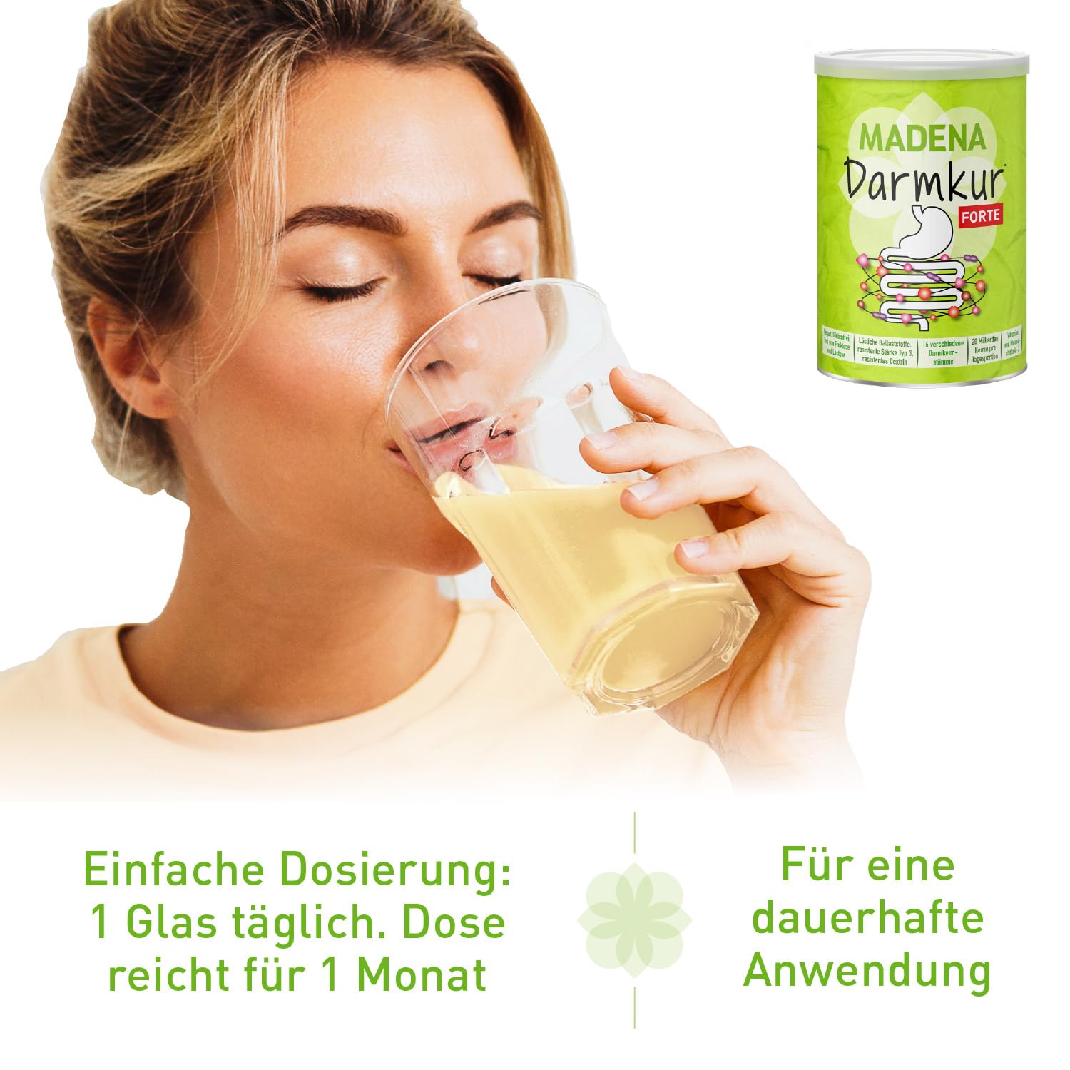 MADENA Darmkur Forte, 20 Milliarden Darmbakterien pro Portion, Ballaststoffe Resistente Stärke Typ 3, Maisdextrin, 16 Bakterienstämme, hochdosiert, Multivitamin, vegan