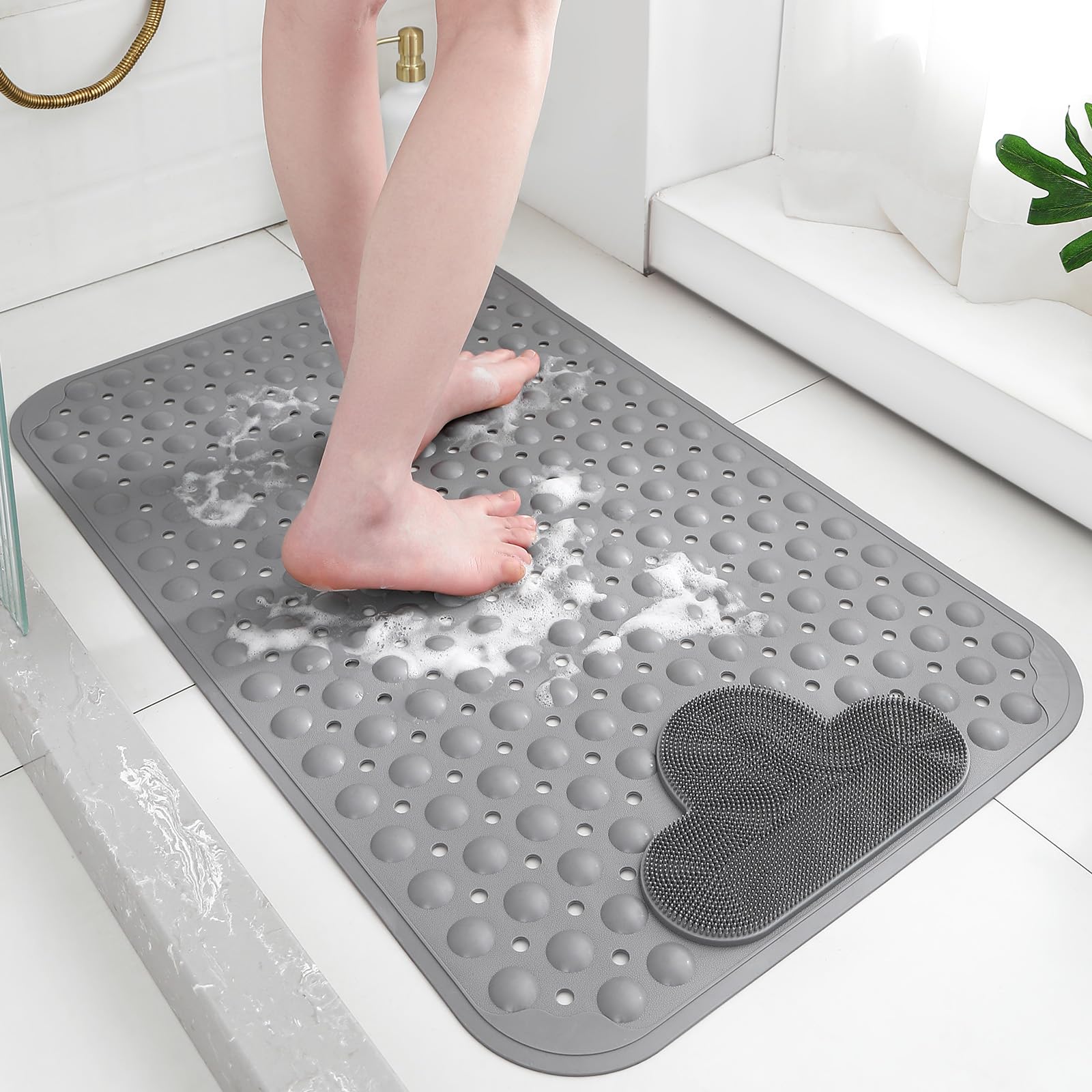 XIYUNTE Shower Mat Non Slip Anti Mould for Elderly, 80 x 50cm Bath Mat with Foot Massage, Non Slip Shower Mats for Inside Shower, Anti Slip Shower Mat with Suction Cup, Easy to Clean, Grey