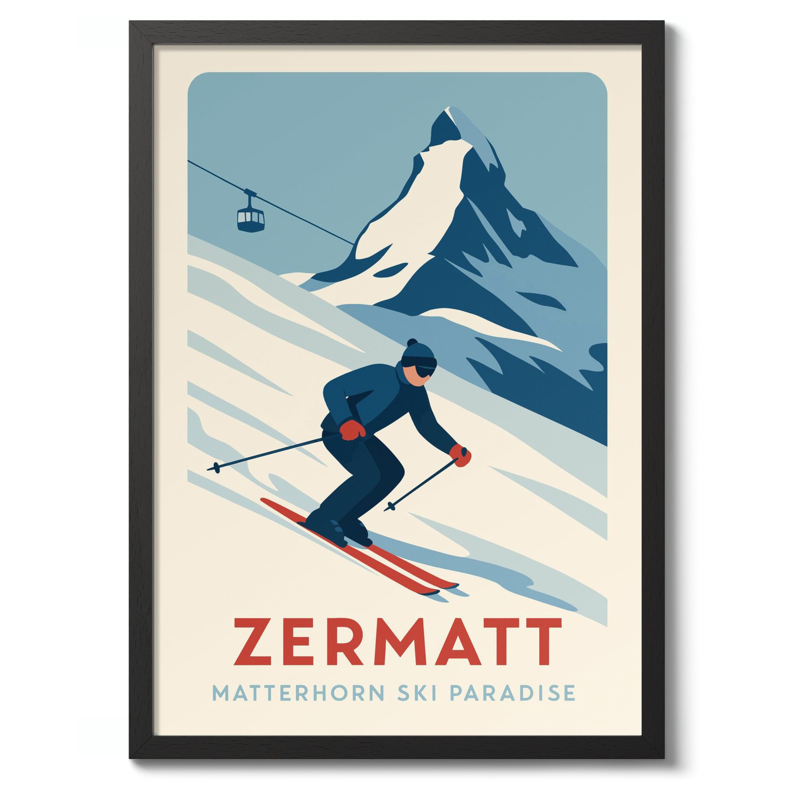 Zermatt - Switzerland Modern Skiing Poster, Minimalist Wall Art, Mountain Travel Prints, Snow, Ski Trip Home Decor, A4 (Black Frame) - 32.7x24.1cm — image 1