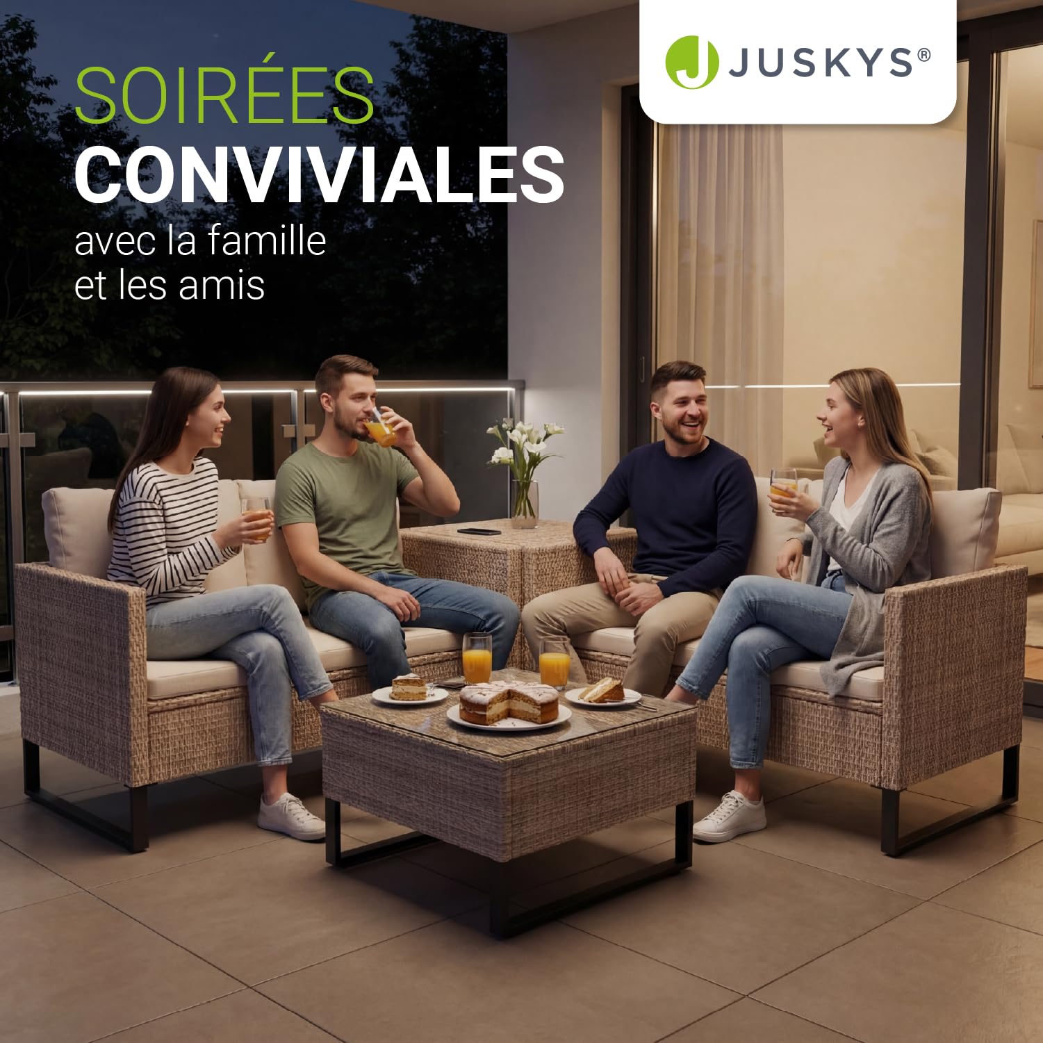 Juskys Coin Lounge extérieur Santorini en polyrotin - Salon de Jardin avec Table Basse et Coffre à Coussins - Meubles de Jardin en Imitation rotin résistant aux intempéries - Crème