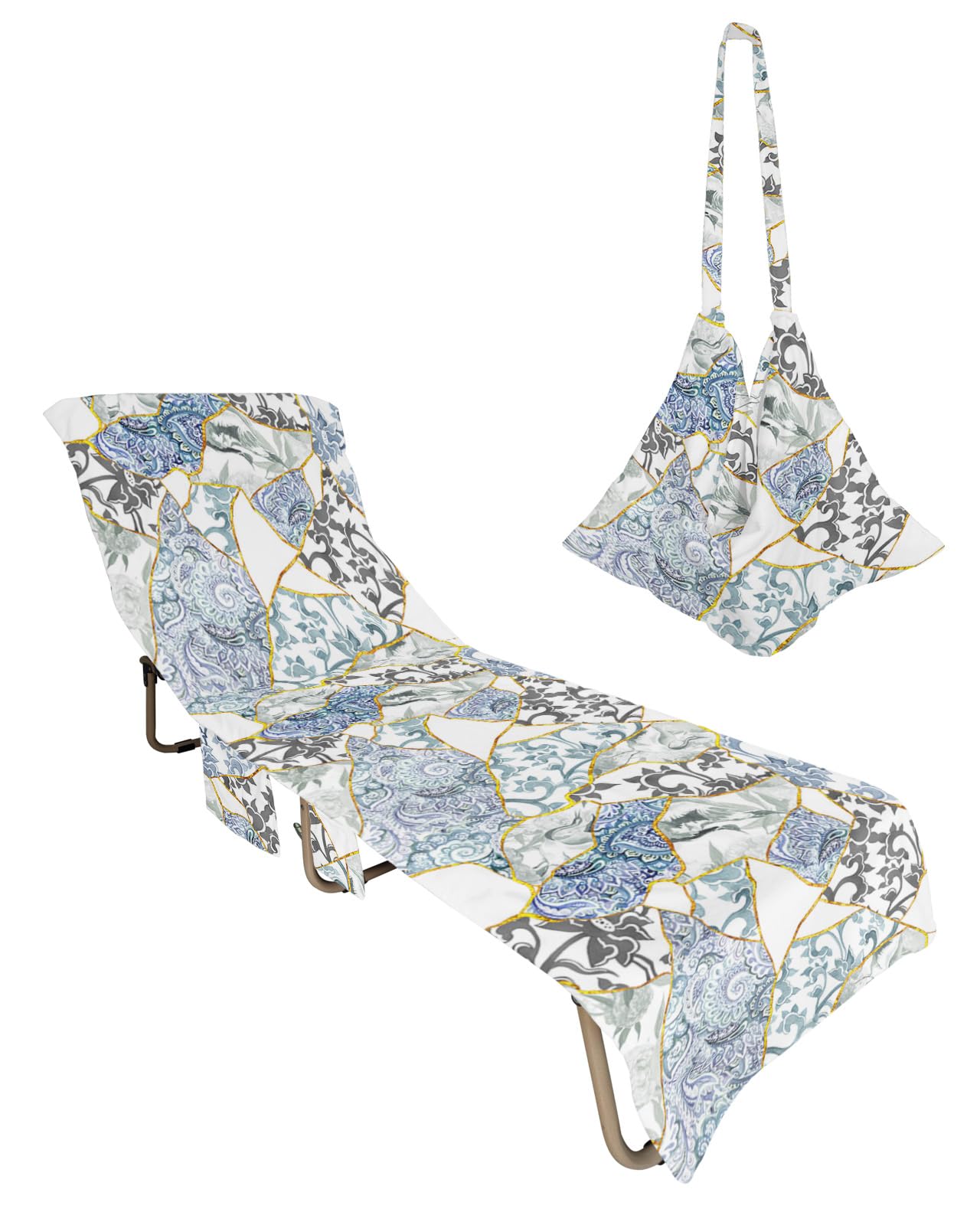 Blue and White Porcelain Beach Lounge Chair Towel Cover, Soft Chaise Lounge Towel with Side Pockets Patio Pool Chairs Cover for Beach/Pool Sunbathing 29x85 Watercolor Geometric Abstract Art