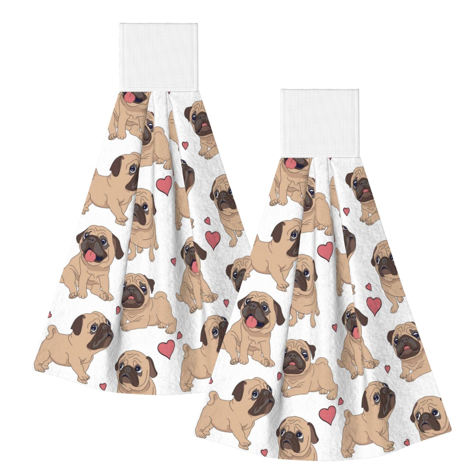 DOPKLNA Cute Pug, 2 Pcs Hanging Coral Fiber Hand Towels for Bathroom, Absorbent Kitchen Towels