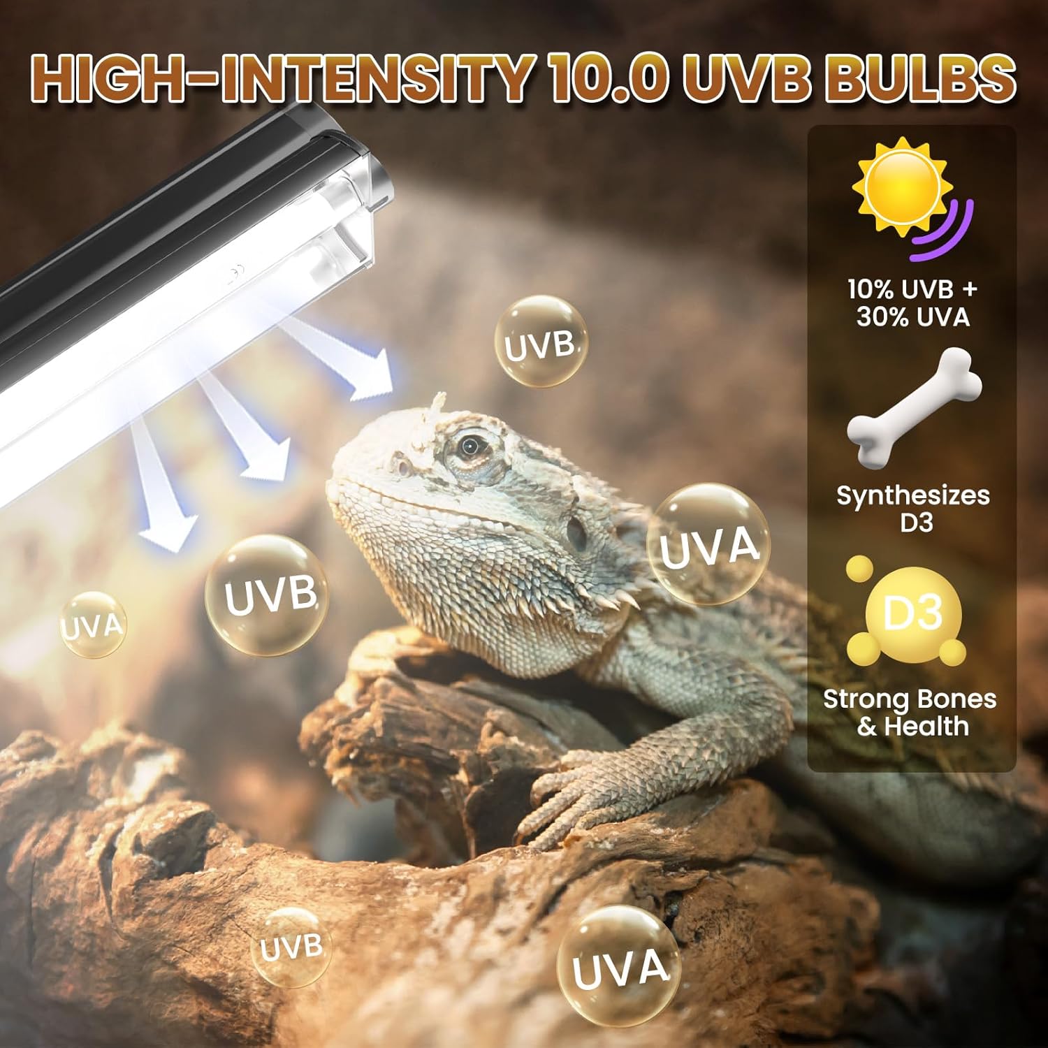 T5 10.0 UVB Reptile Light Bulb 24W, 22 Inch T5 HO UVB Light for Bearded Dragon, 3-Pack Desert Reptiles D3 UVA UVB Lamp Tube Bar for Lizard, Snake, Gecko, Tortoise, Chameleon, Terrarium