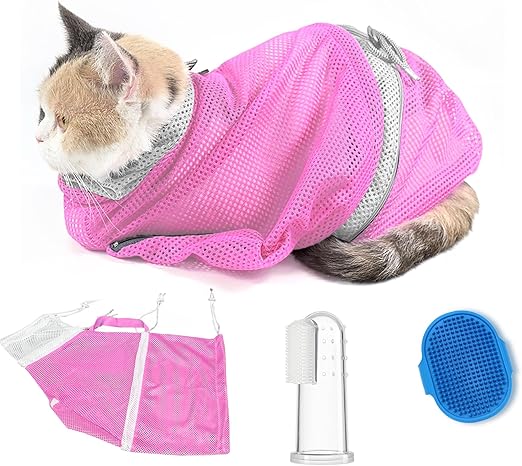 Adjustable Multifunctional Anti-Bite Shower Net, Cat Grooming Mesh Bag, Cat Bath Brush and Pet Finger Toothbrush (B-Pink)