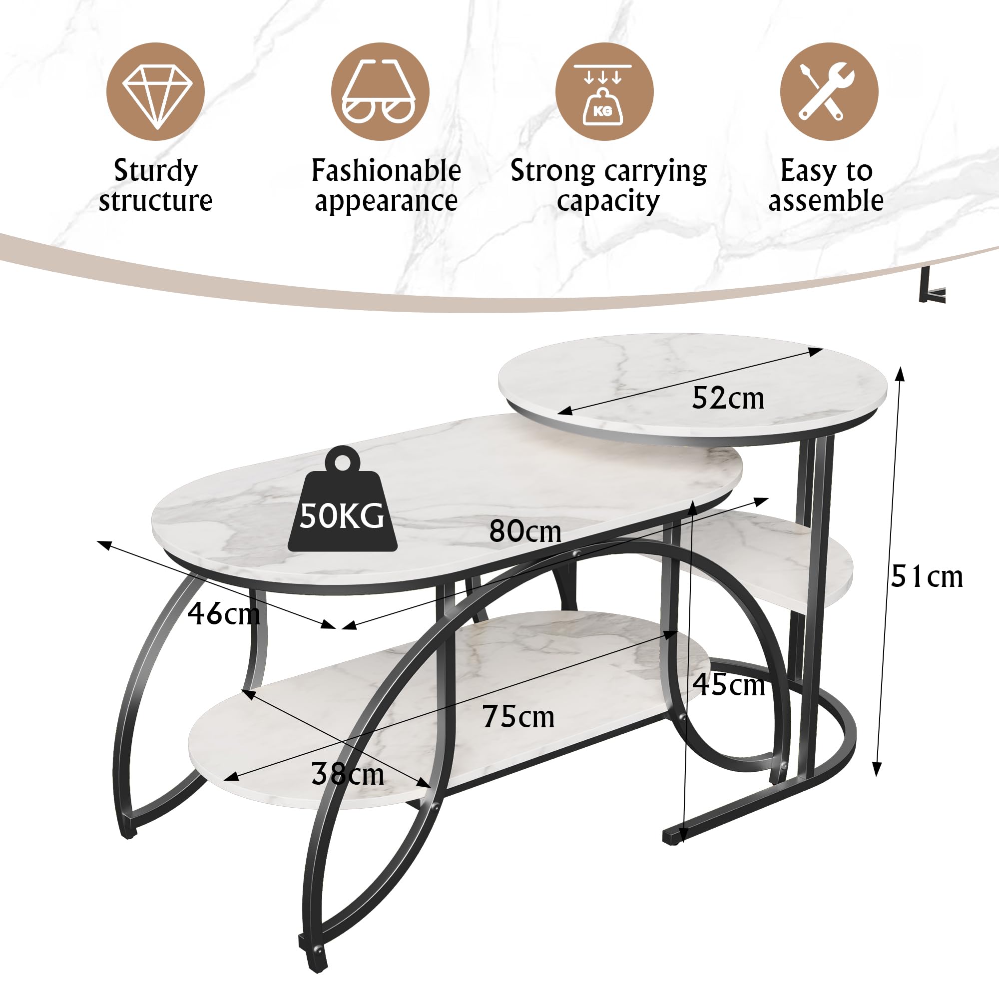 KeepGoon Table Basse Ronde avec Rangement, Tables Basses de Salon Moderne à encastrer empilable, Tables gigognes de Salon latérale en marbre plaqué, Table de Canapé avec Cadre Métallique Robuste