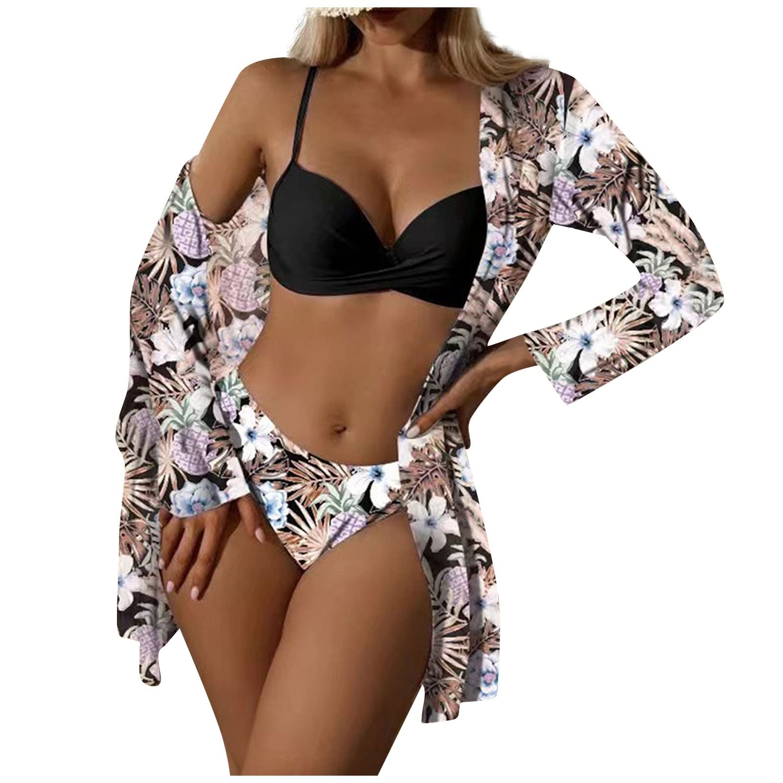 Women's Fashion 3 Piece Floral Quick-Drying Bikini Set Sexy Push Up Swimsuit with Beach Cover up Swimsuit Kimono Low Waisted Bathing Suit