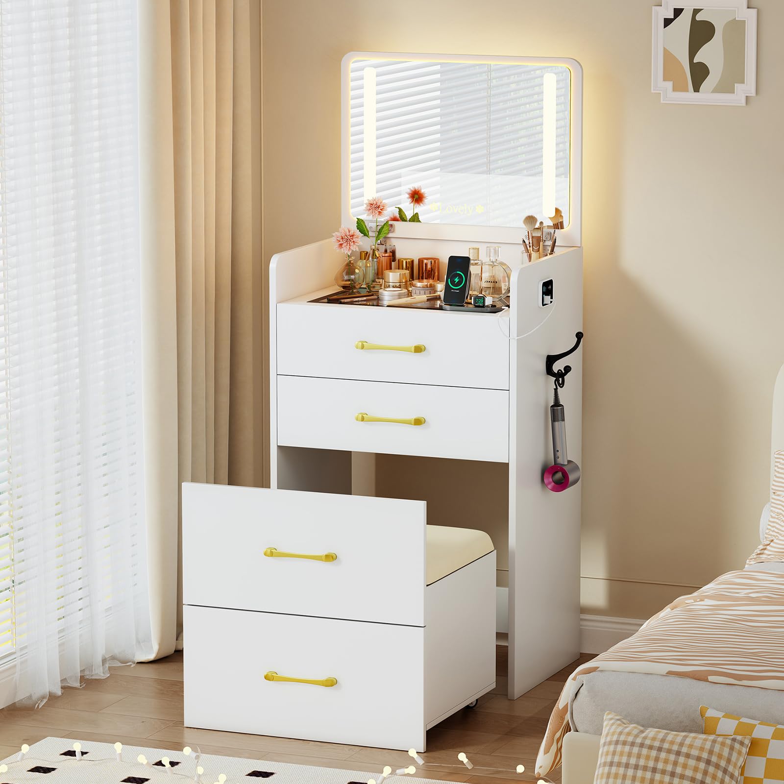Lvifur 3 in 1 Vanity Desk with Flip Top Mirror and Lights,Modern Glass Top Small Makeup Vanity w/Charging Station & Human Sensor Light,Compact Vanity with 3 Drawers,Rolling Cushioned Stool