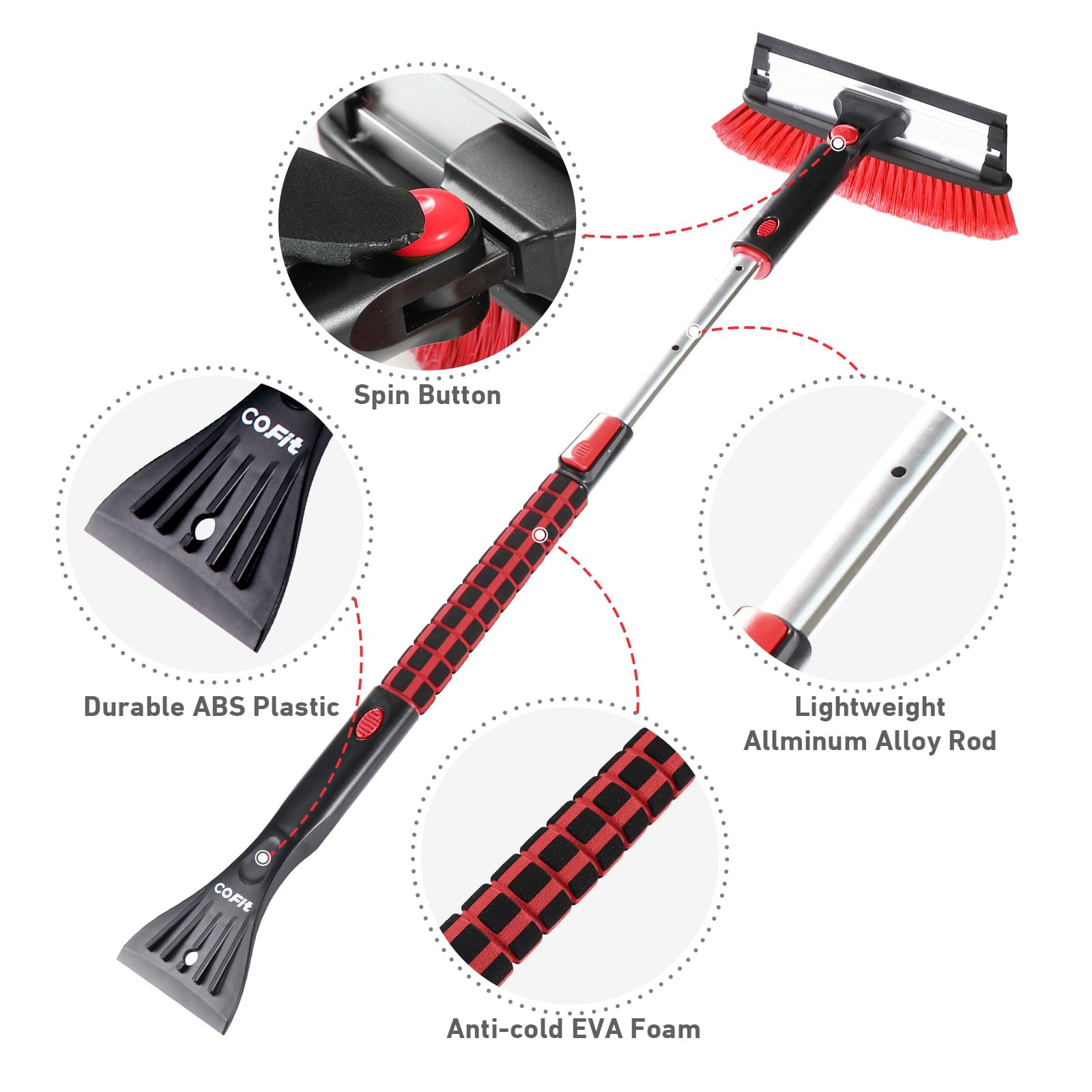 COFIT 3 en 1 Cepillo de Nieve y Rascadores Hielo con Telescopico Mango, 100cm Rasqueta Vitroceramica Parabrisas, Herramienta Quitar Sin Arañazos para Autocaravanas Camion SUV Exterior Limpieza, Rojo