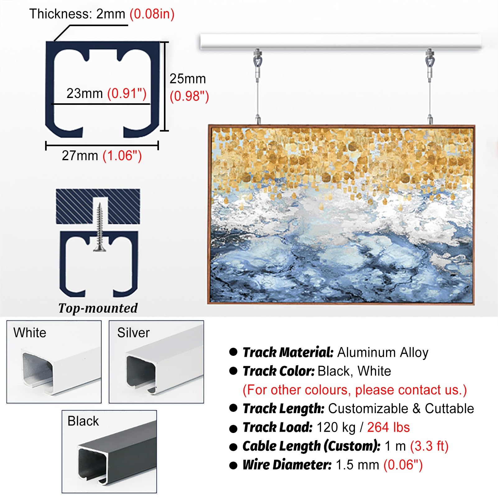 Sistema para colgar cuadros, riel montado en el techo con cable de 3.2 pies para obras de arte, ganchos de moldeo de marcos de fotos, juego de cables de suspensión de pared, blanco, 39 pulgadas de