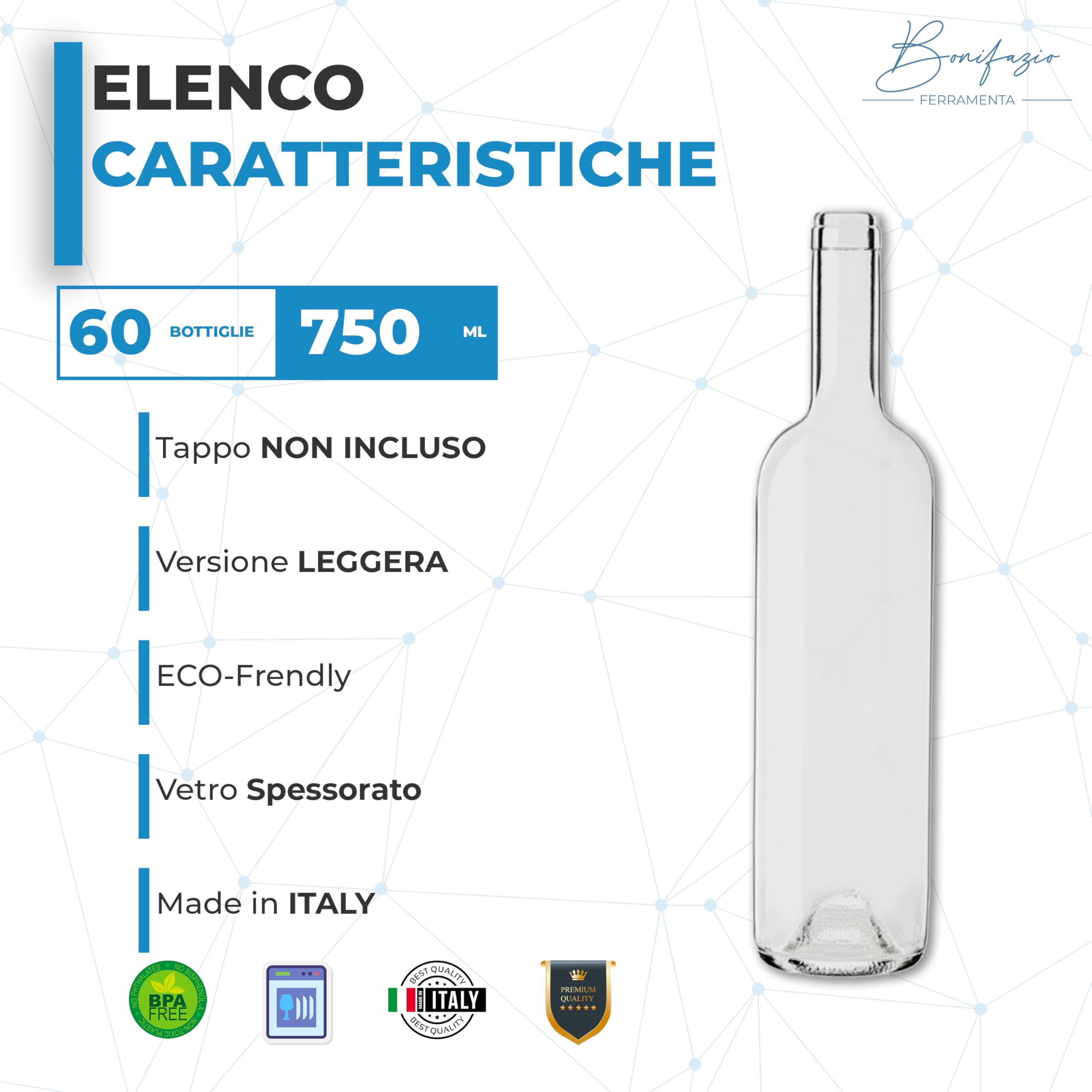 Bottiglia Bordolese per Vino (750ml) Trasparente con predisposizione Tappo Sughero Bottiglie per Amari Pregiati in Vetro (60 Pz)