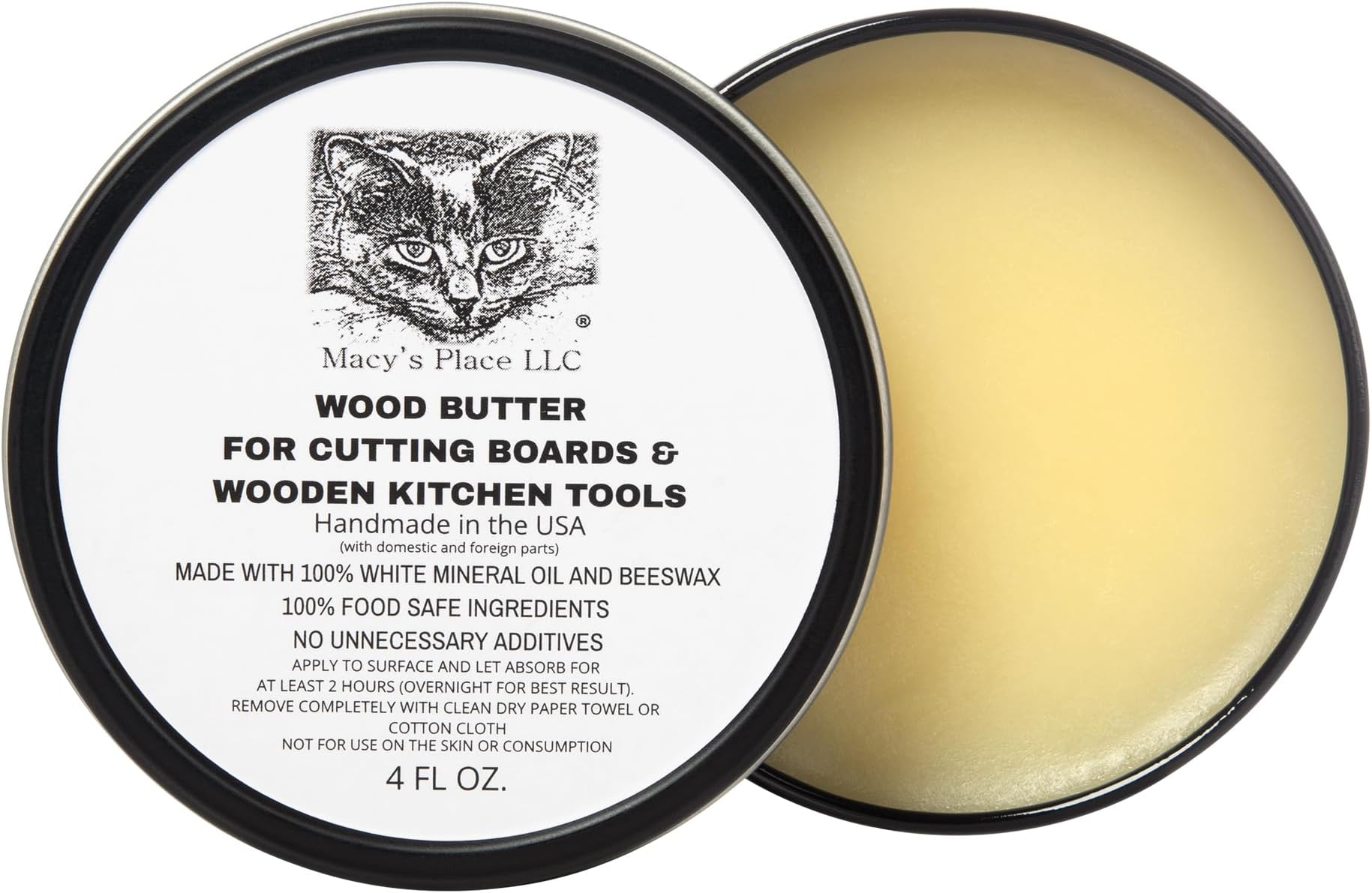 Wood Butter Cutting Board Wax Conditioner for Butcher Block and Wooden Kitchen Tools 4 oz. Food Grade Protective Mineral Oil and Beeswax for Wooden Cutting Boards, Surfaces, and Tools.