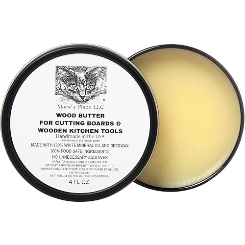 Wood Butter 4 fl oz Cutting Board Wax Conditioner for Butcher Block and Wooden Kitchen Tools. Macy;s Place Food Grade Protective Mineral Oil and Beeswax for Wooden Cutting Boards, Surfaces, and Tools.
