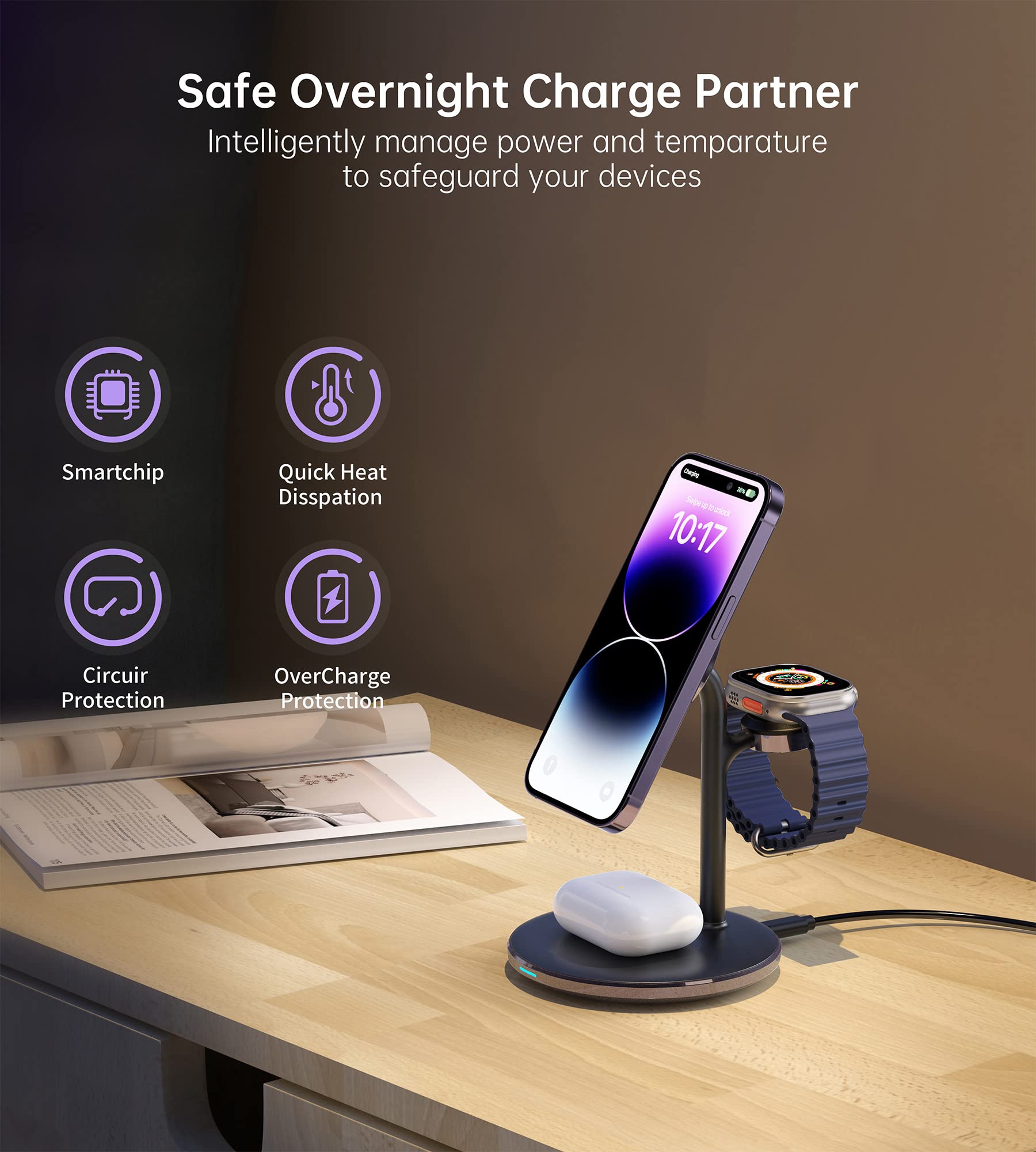 XooFly Stazione di ricarica wireless 3 in 1 per dispositivi Apple, supporto caricabatterie wireless veloce Mag-Safe con adattatore da 20 W per iPhone 17/16 15 14 13 12 Pro Max/Pro/Plus/Air/Mini