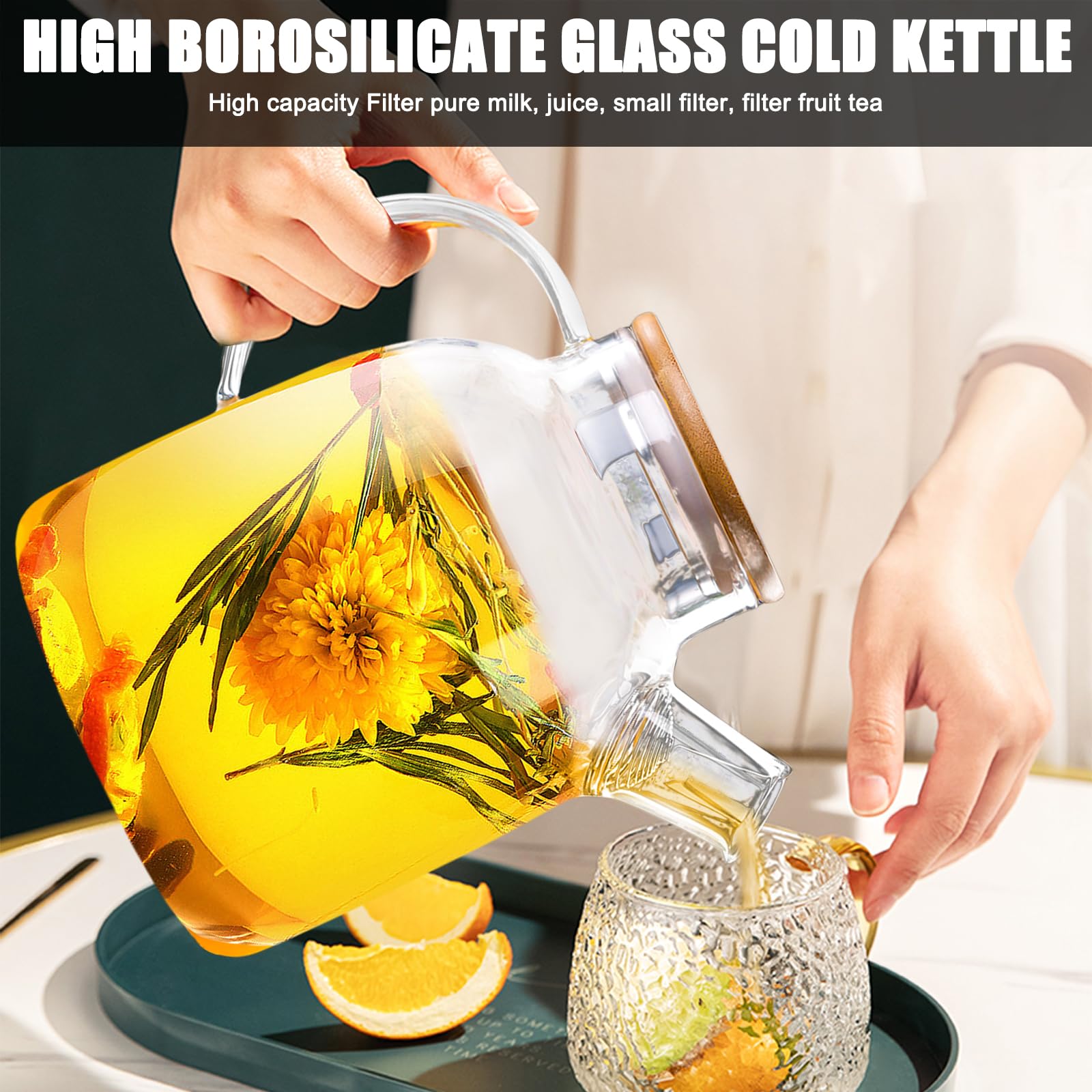 Dzbanek do herbaty z drewnianą pokrywką, 1800 ml, ze szkła borokrzemowego, wytrzymały, odporny na wysokie temperatury, przezroczysty dzbanek do herbaty z sitkiem, nowoczesny, gruby szklany zaparzacz