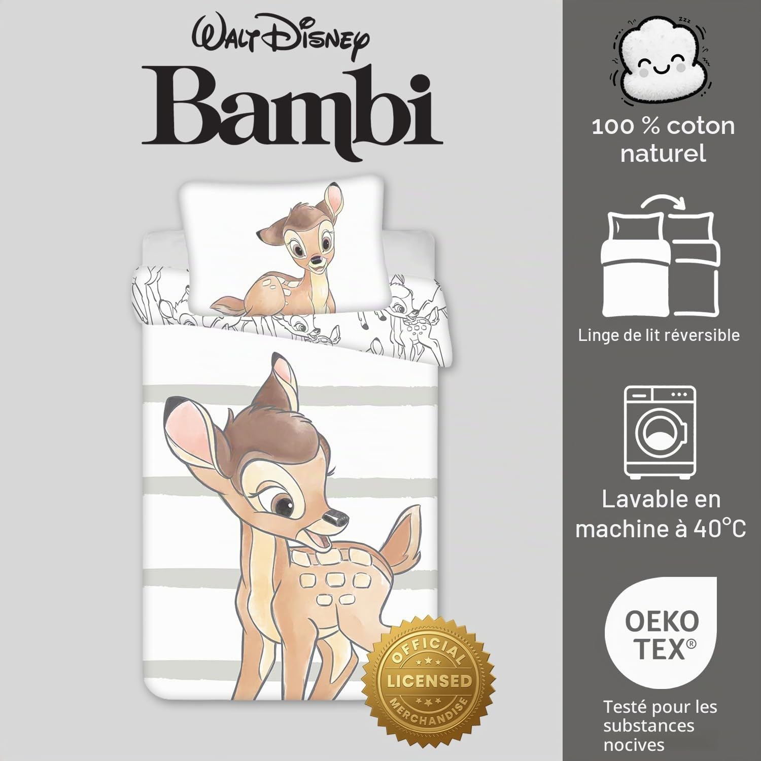 Disney Bambi Parure de lit pour bébé 100 x 135 cm + 40 x 60 cm en Coton
