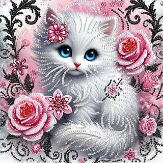 Animal Cat 5D Diamond Painting Kits for Adults,Flower Cat Diamond Art Kits for Special Shape,DIY Partial Drill Crystal Rhinestone Painting kit for Home Wall Decor 12 X 12Inch