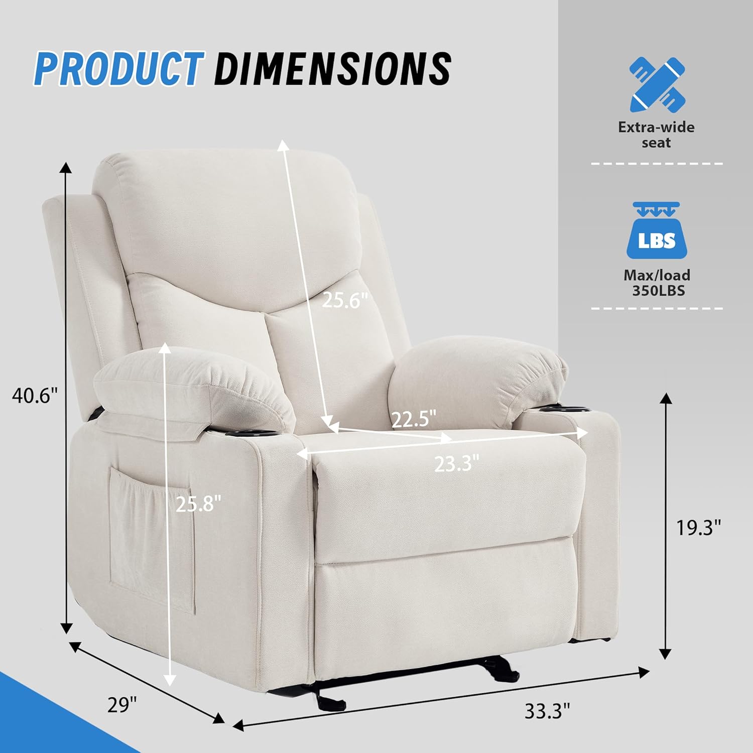 Manual Rocker Recliner Chair for Adults with Vibration Massage,Glider Rocking Recliner for Living Room Bedroom Nursery, Overstuffed Reclining Sofa Chair with Pockets and Cup Holds,Beige