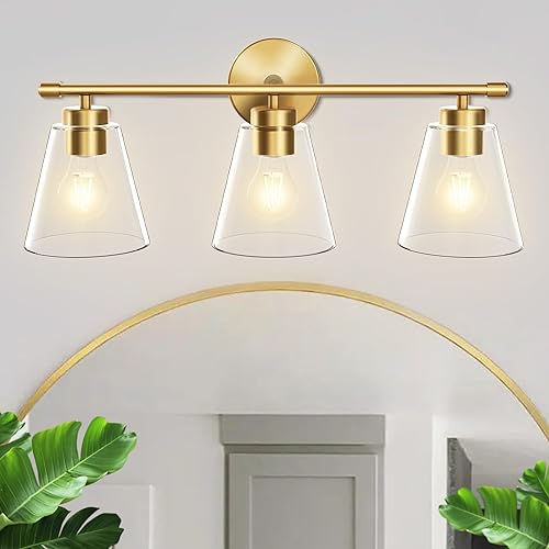 Miniatura 8 de Hamilyeah Lámparas doradas para tocador de baño sobre el espejo, 3 luces de tocador de cristal transparente, accesorios de iluminación industriales