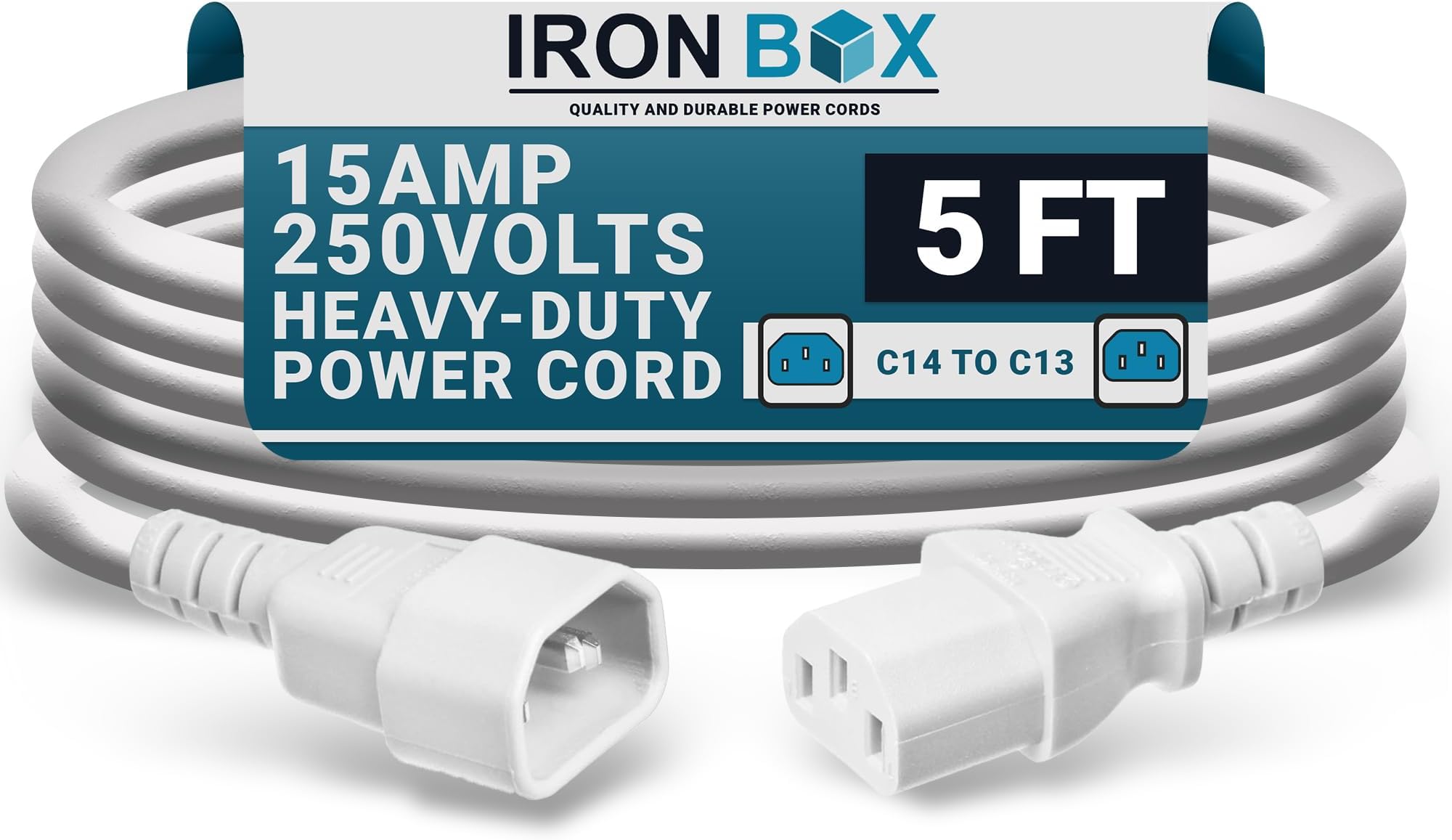 IronBox Electric C14 to C13 Power Cord - 15A/250V, 14/3 AWG SJT - UL Listed Power Extension Cord - Heavy Duty IEC Cable Connector - Jumper Cord for Computer, Speaker, Monitor, PDU & More (5ft, White)