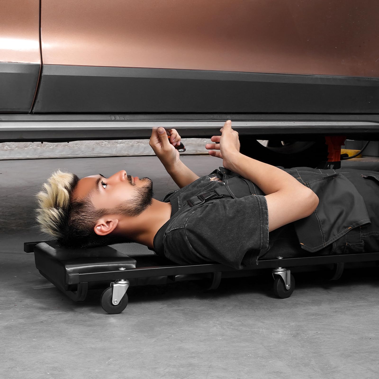 VEVOR Camilla de Garaje Mecánica, Capacidad 136,1 kg, Camilla Rodante Automotriz con 6 Ruedas, Reposacabezas Acolchado Ajustable, para Garajes, Talleres de Reparación y Bricolaje, 1025 x 435 x 110 mm