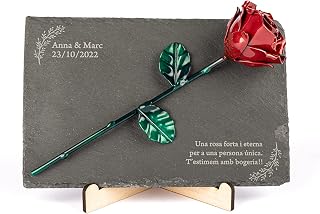 Forging Art Bcn Hand-forged Wrought Iron Rose on Slate with Personalized Engraved Text (Slate with Text and Rose)
