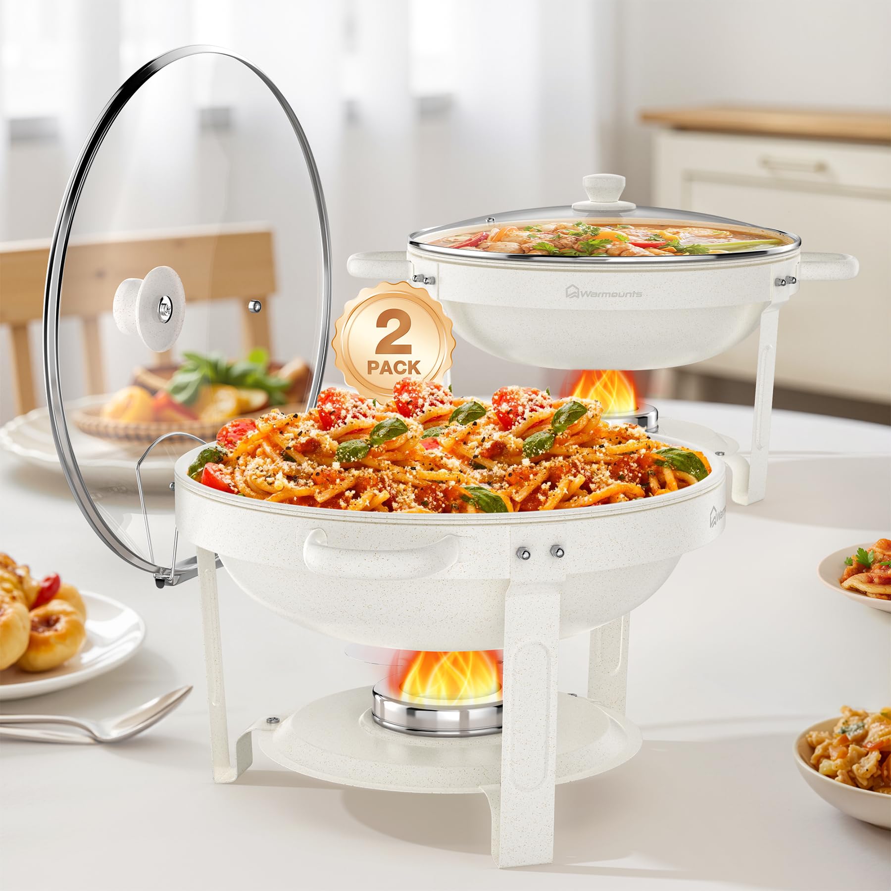 WARMOUNTS Platos de frotamiento blancos para buffet con tapa de vidrio (5 cuartos de galón, 2 unidades), juego de platos redondos recubiertos de maifanita con acero inoxidable pulido con espejo, borde