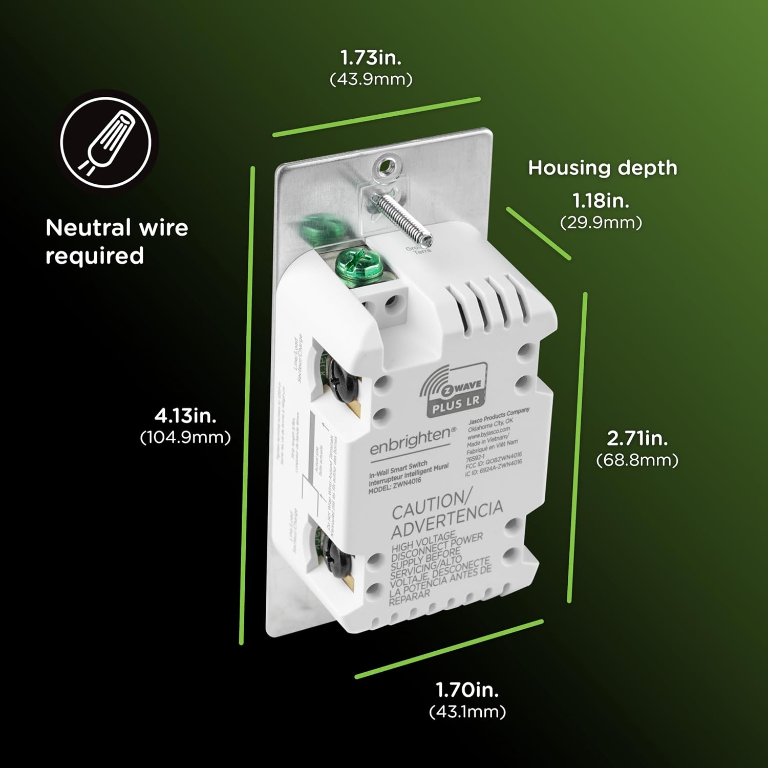 Diagram showing the dimensions and neutral wire requirement for the Enbrighten Z-Wave Toggle Switch