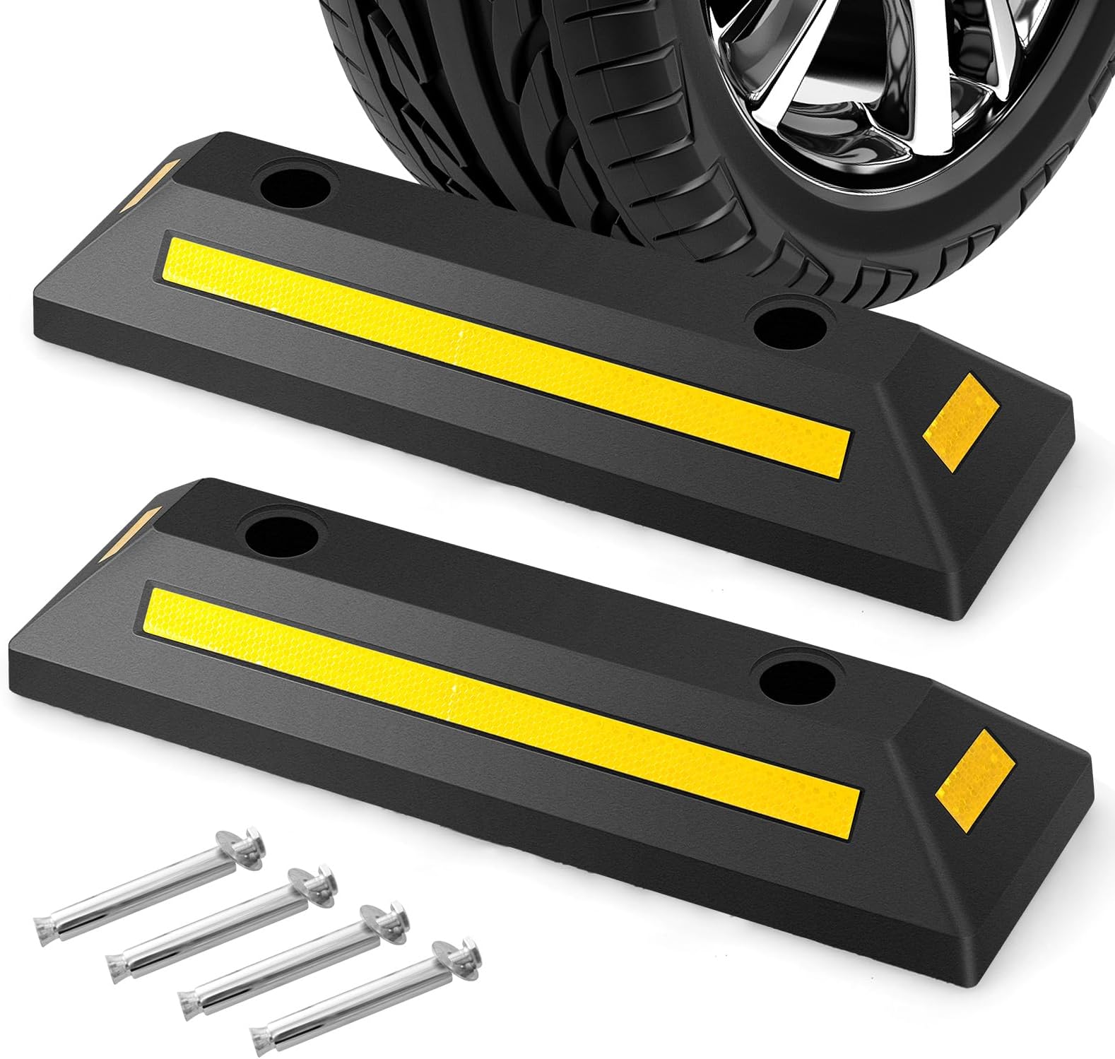 โ COSTWAY 54cm/182cm Rubber Curb, 1/2 Pack Parking Lot Vehicle Floor Wheel Stopper with Yellow Reflective Strips, Heavy Duty Garage Blocks Parking Target for Car Truck RV Trailer (2 Pack, 54x16x9cm)