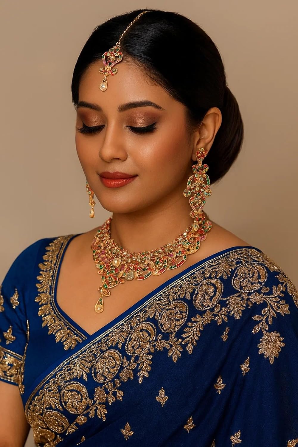 Touchstone Indian jewelry set for women bollywood gold jewellery wedding outfits necklace sets earrings bridal maang tikka fancy costume girls big desi accessories rhinestone in gold or silver tone - Image 4