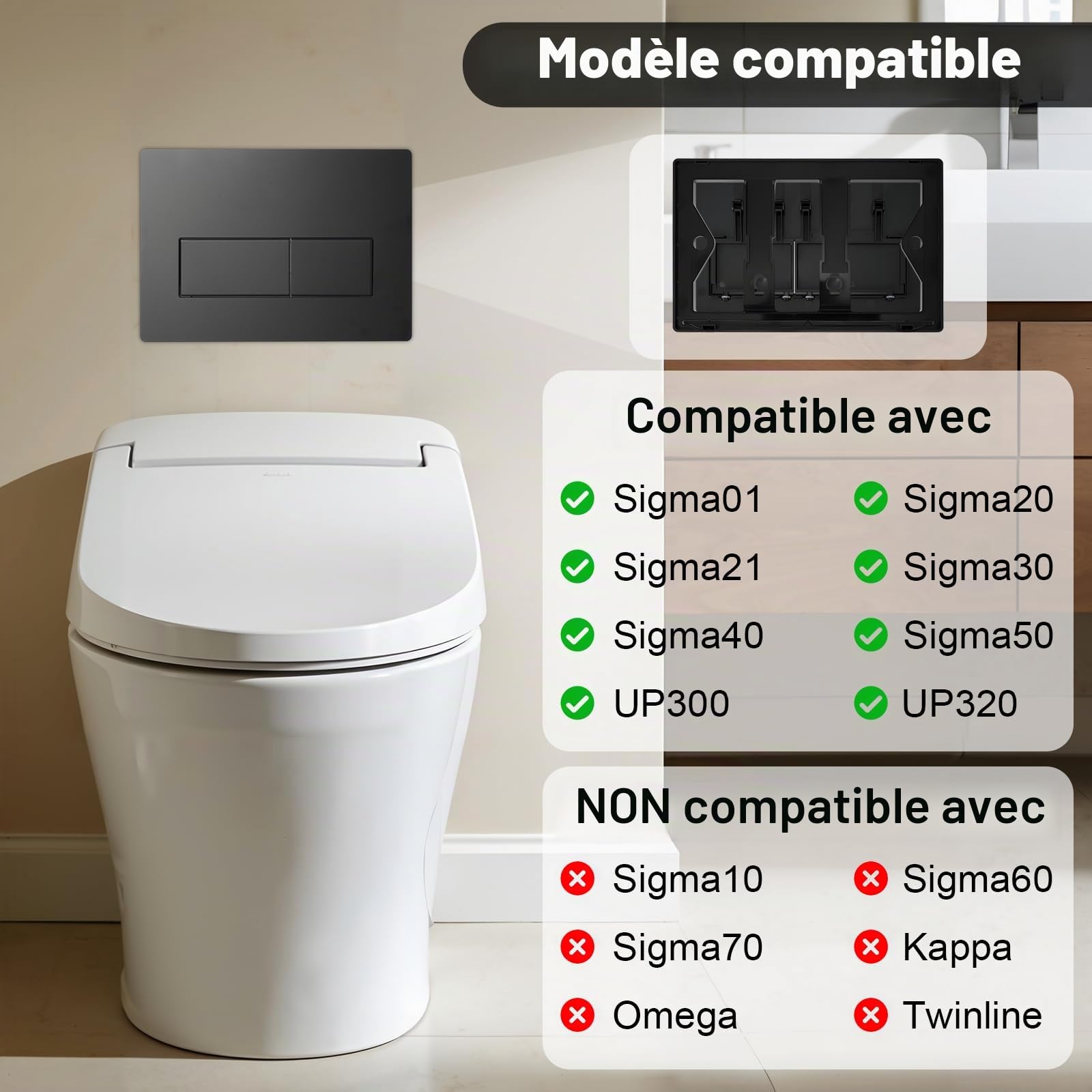 Plaque de Commande WC, Compatible avec Geberit Sigma 01/20/21/30/40/50, UP300 et UP320, avec Double Chasse, avec Leviers de Chasse et d'un Cadre d'Installation (Noir Mate)