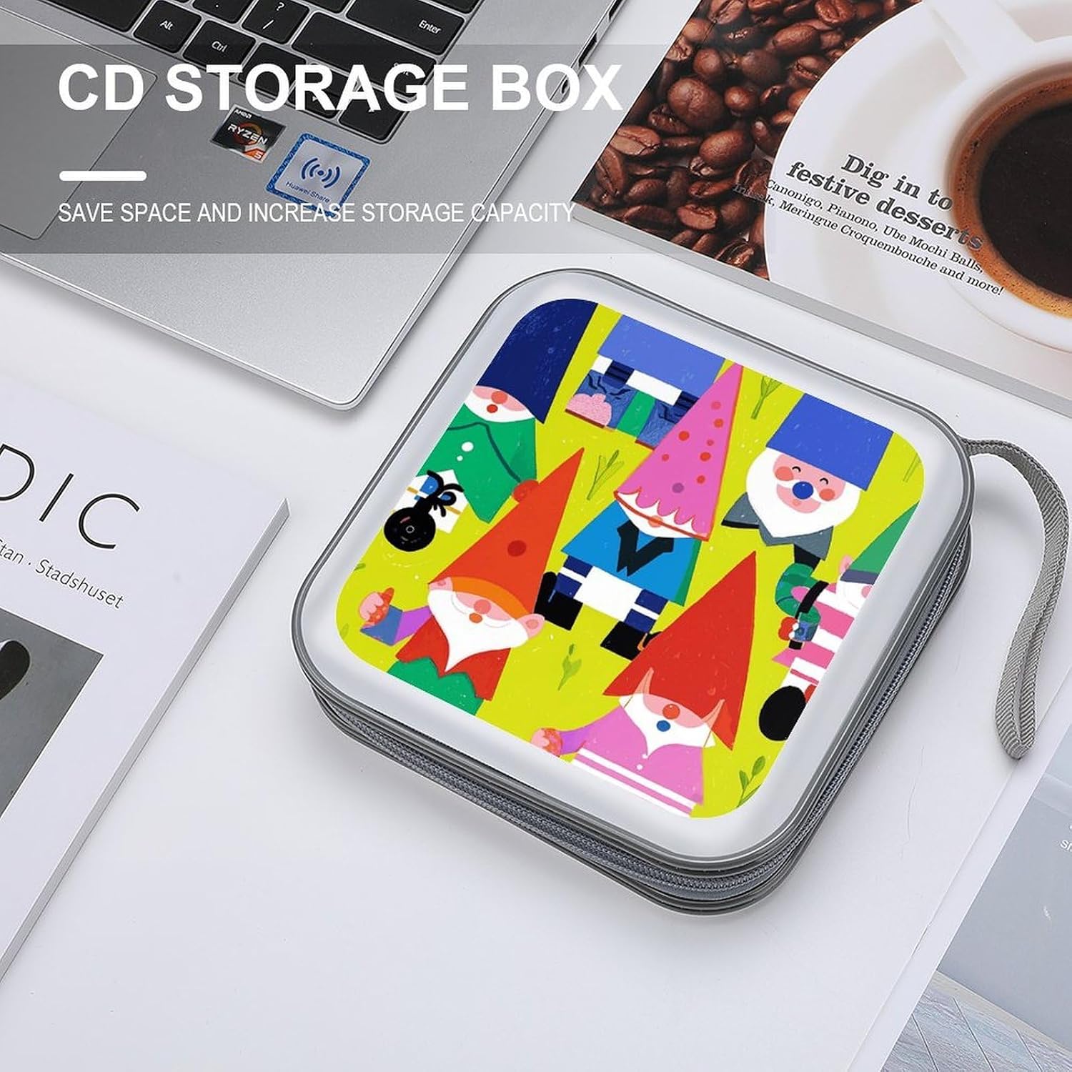Colorful Gnomes CD Case Wallet 40 Capacity, Durable Waterproof Plastic CD/DVD Storage Case with Handle & Zip Closure, Portable DVD Disc Cases for Car, Office, Travel image 3
