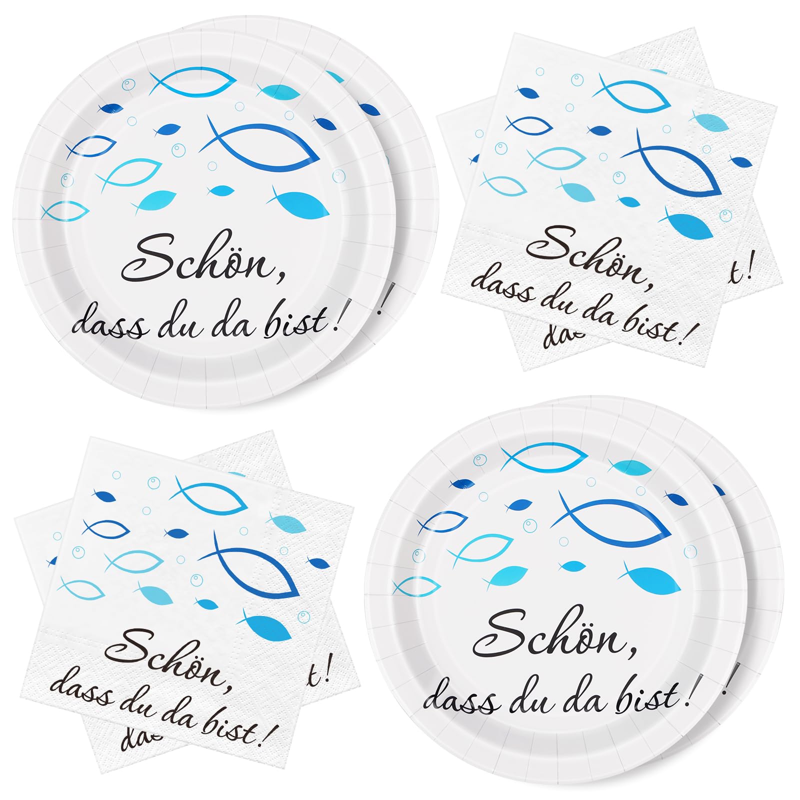 WenmthG 40 Stück Kommunion Deko Servietten und Pappteller Fisch Blau, Tischdeko für Taufe, Kommunion, Konfirmation und mehr. Ideal für Jungen mit Spruch Schön dass du da bist