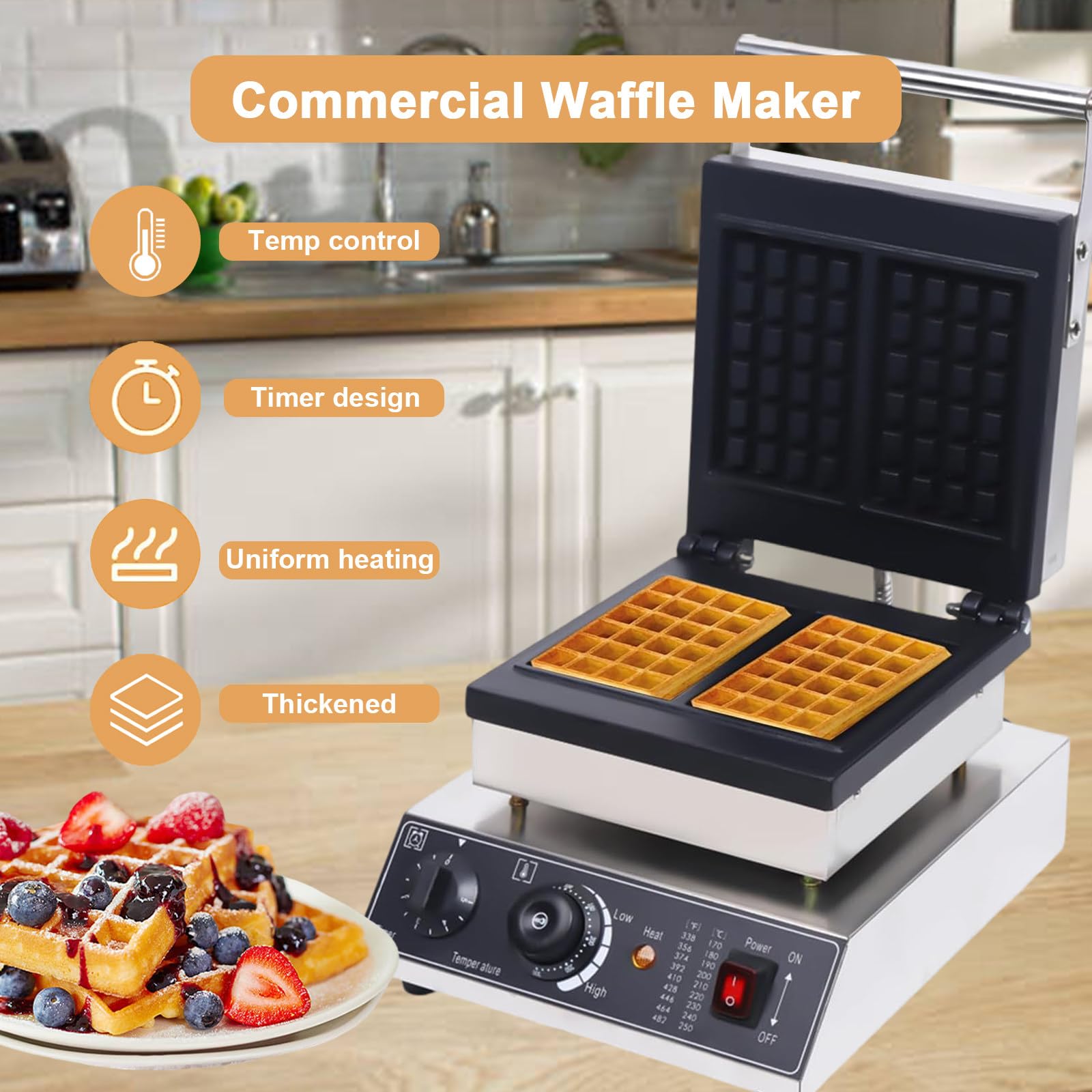 Waflera De Acero Inoxidable De Alta Resistencia | Placas De Calentamiento Dobles Comerciales con Control Giratorio | Ideal para Catering, Hoteles, Desayunos Y Postres Caseros,2-Slice