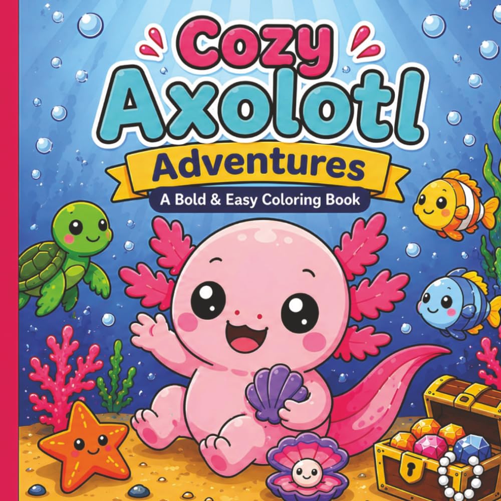 Cozy Axolotl Adventures: ABold & Easy Coloring Book for Kids, Teens & Adults Featuring 50 Cute Underwater Adventures