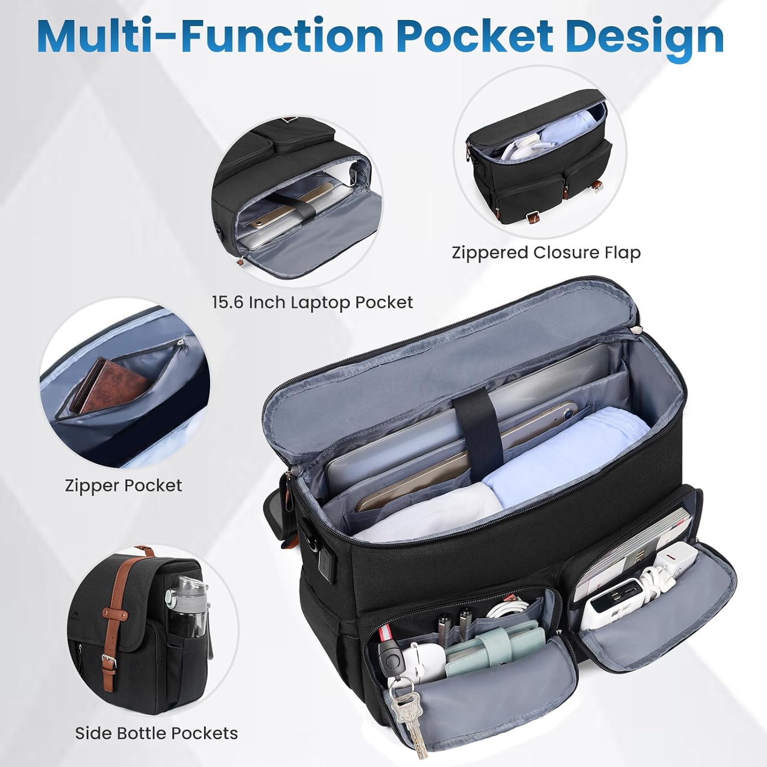 MATEIN Messenger Bag with USB Charging Port, 15.6 inch Laptop Bags Large Mens Briefcase with Shoulder Strap, Water Resistant Crossbody Satchel Work Computer Case for College Office Commuting, Black