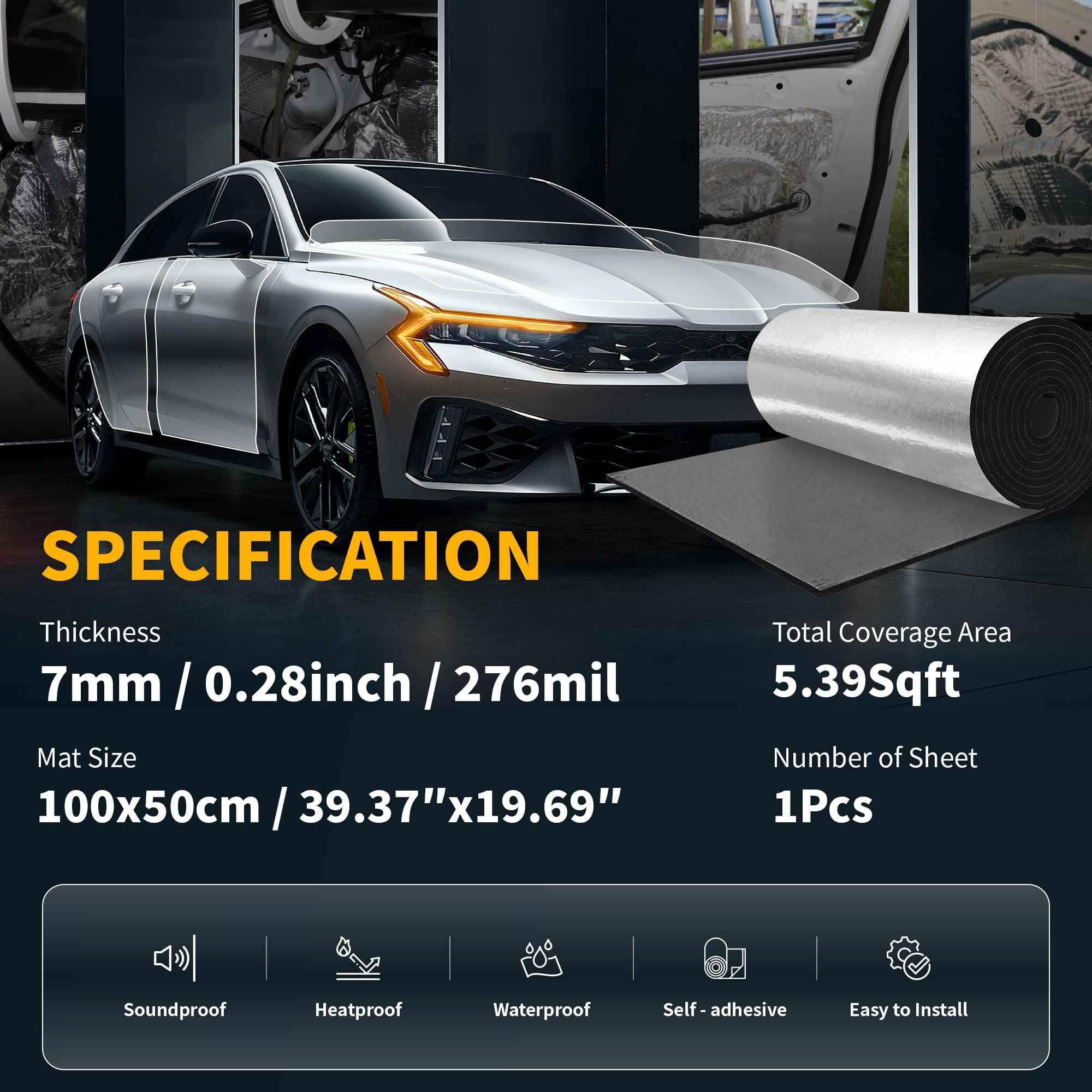 A ABSOPRO 1 Pezzi 0.5㎡ 7mm Tappetino Insonorizzante per Auto in Vetroresina con Adesivo Termico per Barca Cappotta e Copertura Motore Vetroresina 100cmx50cmx7mm