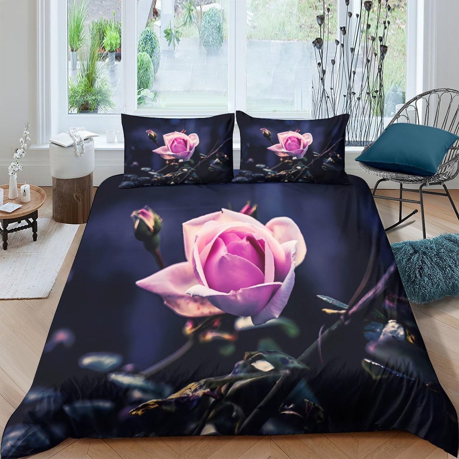 Housse de couette motif rose 3D linge de lit floral pour chambre d'adolescent et colocation