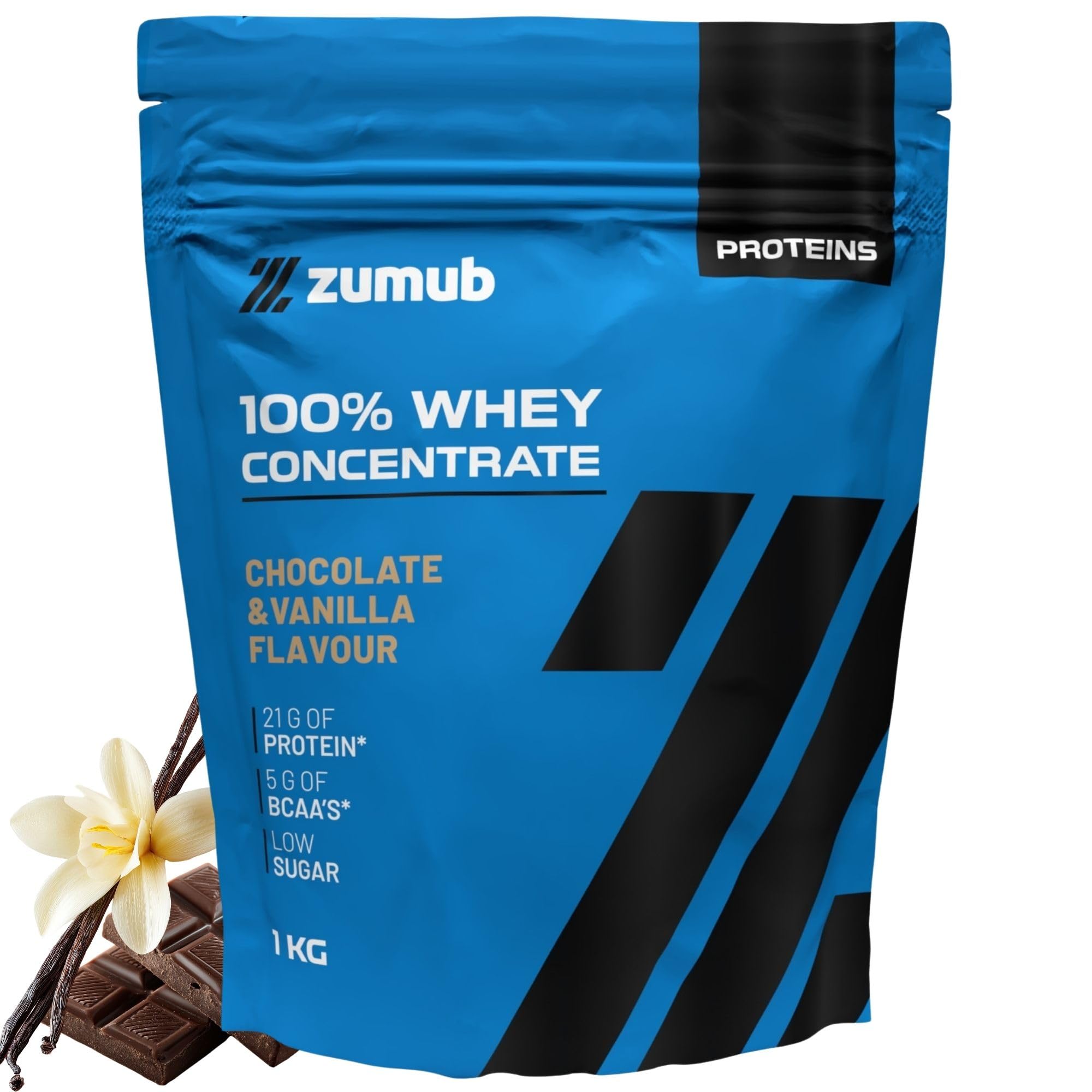 Zumub 100% Whey Concentrate en Polvo, 1kg, Chocolate y Vainilla, 33 dosis