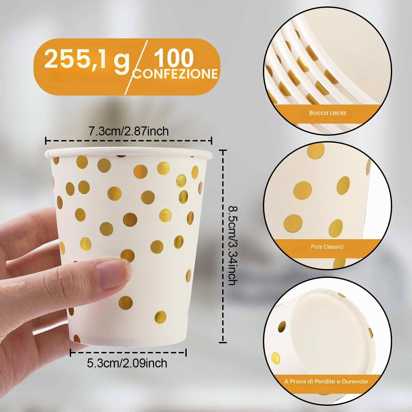CEILIWEN Confezione da 100 bicchieri di carta da festa in oro nero, 9 oz/250 ml, per bevande calde e fredde (bianco-oro)
