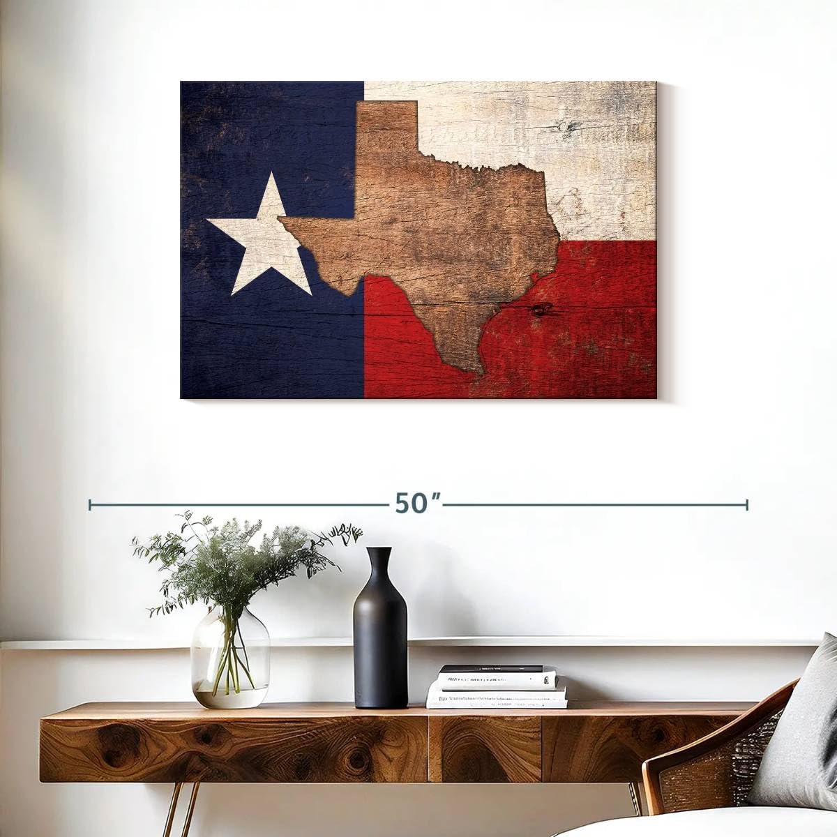 ElephantStock State Map Over Texas Flag Wall Art - Horizontal Wrapped Canvas - 1-Piece Living Room Wall Decor - Digital Art Americana Canvas Print - Beige and Blue Wall Decor - 36" X 24"